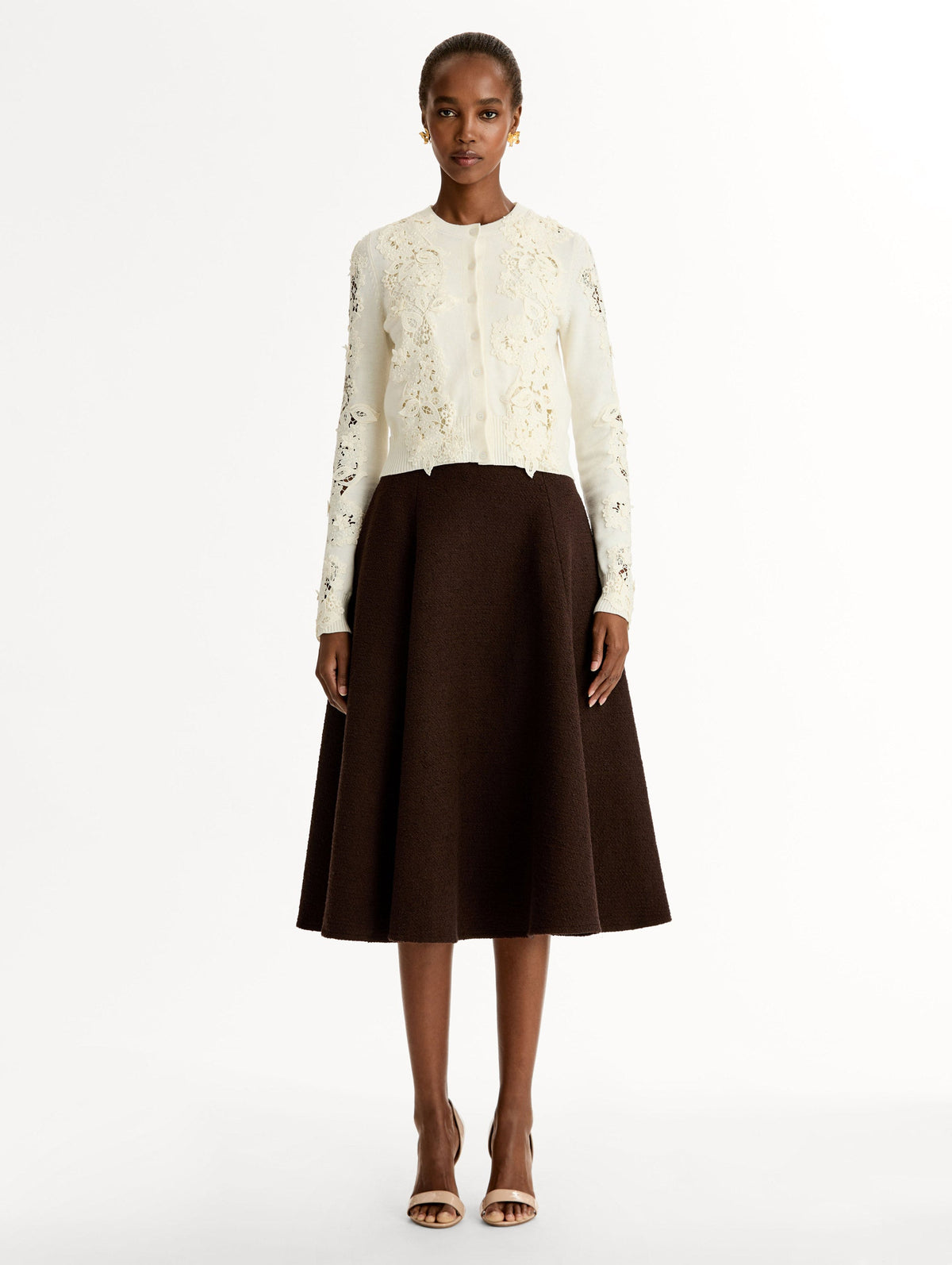 Cream Fitted Embroidered Cardigan