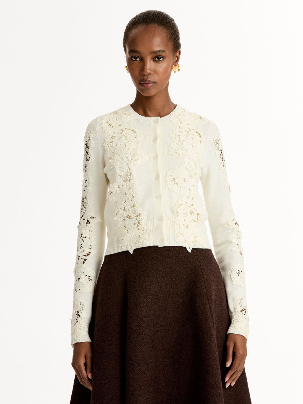 Cream Fitted Embroidered Cardigan