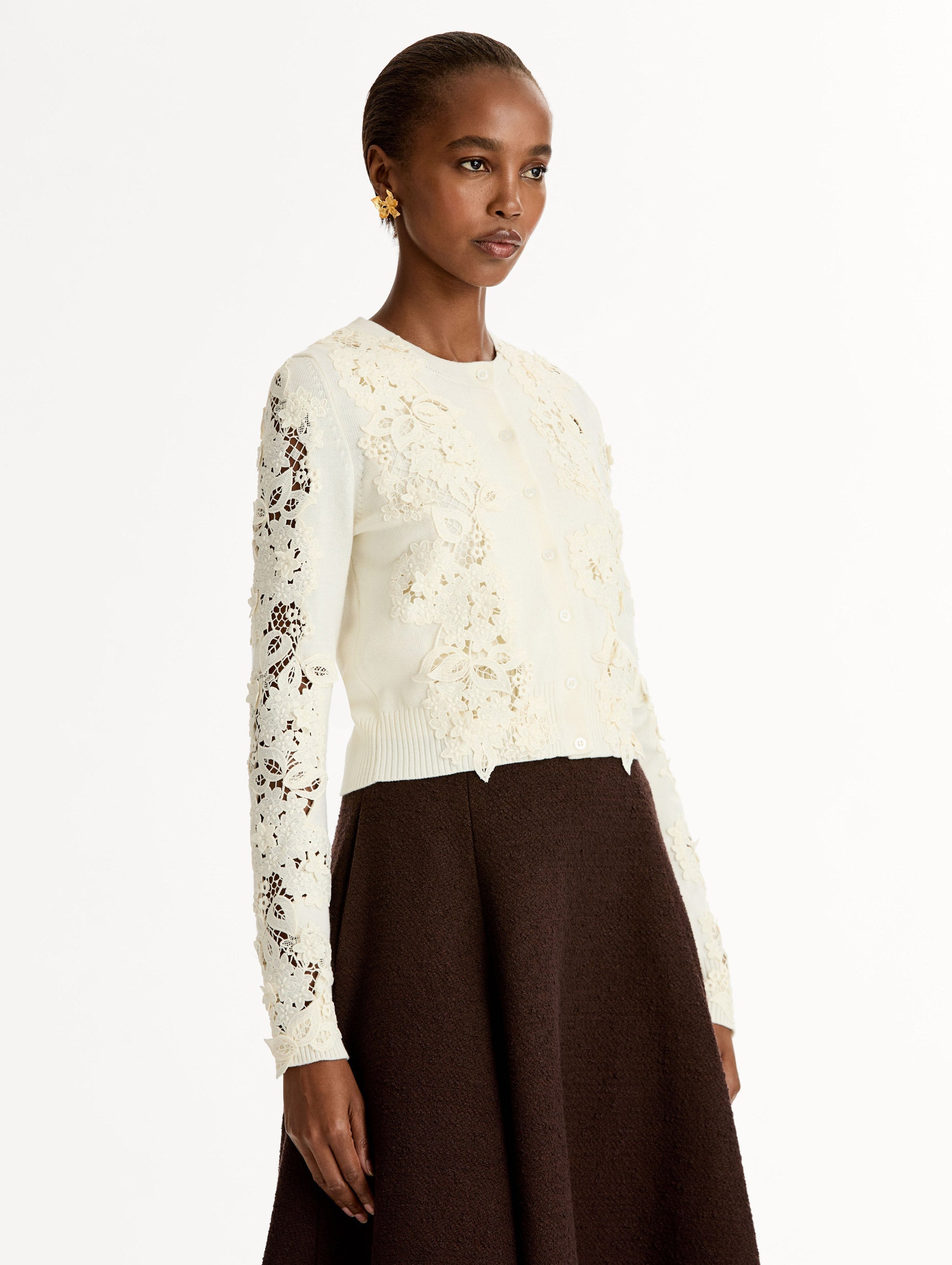 Cream Fitted Embroidered Cardigan