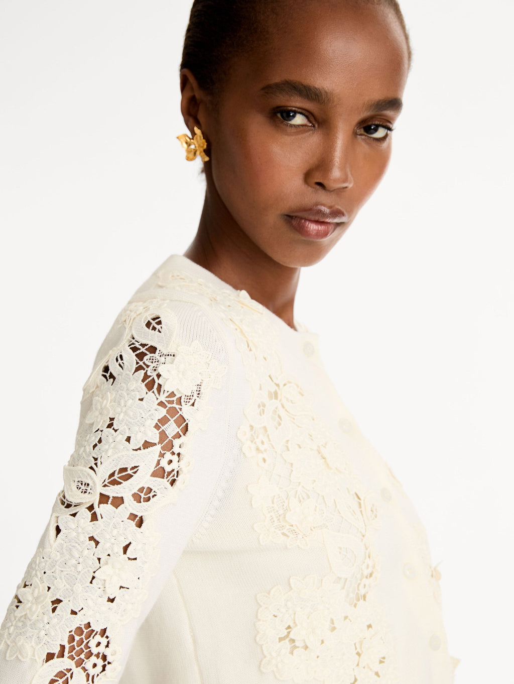 Cream Fitted Embroidered Cardigan