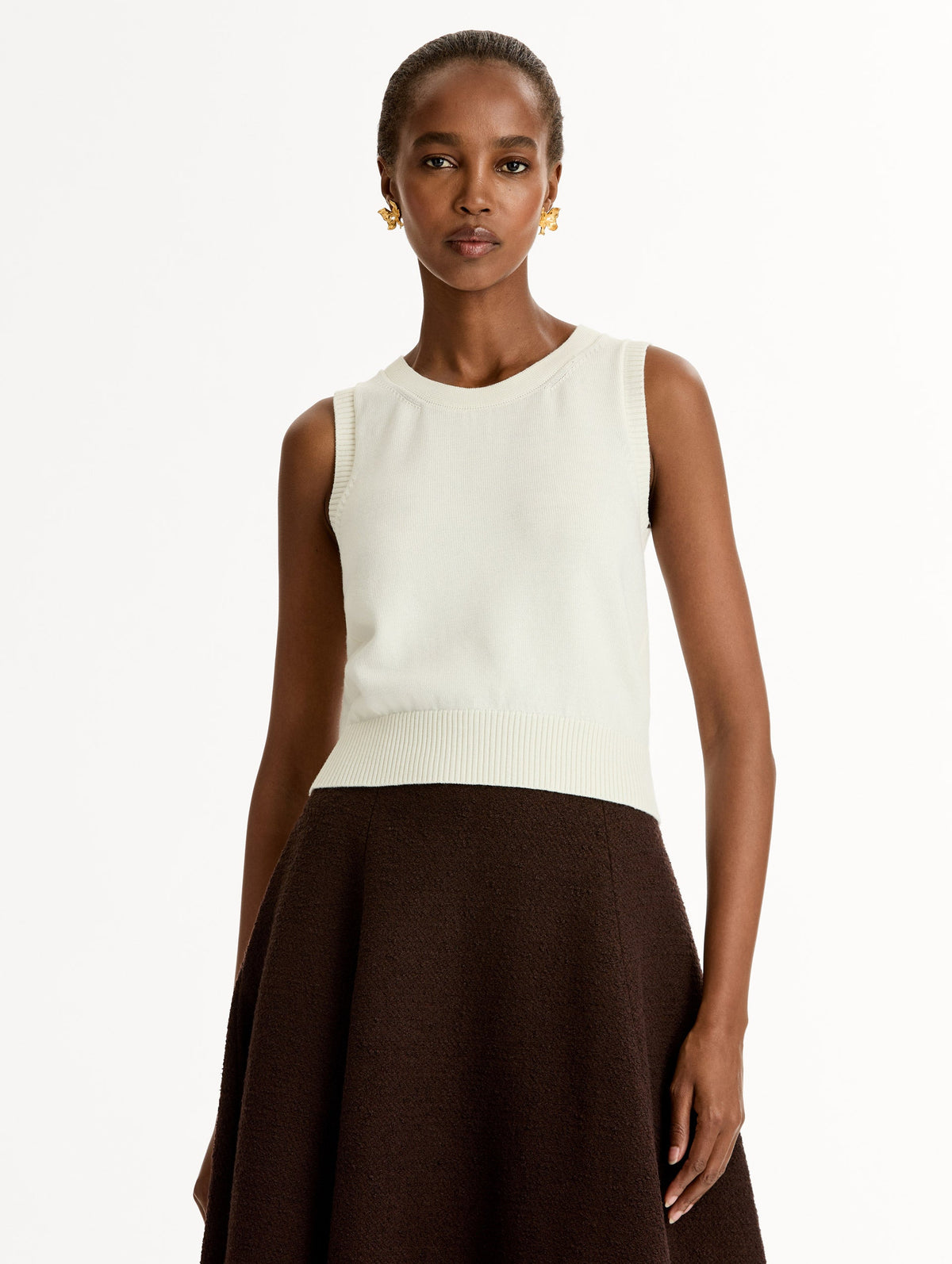 Cream Ribbed Sleeveless Cardigan