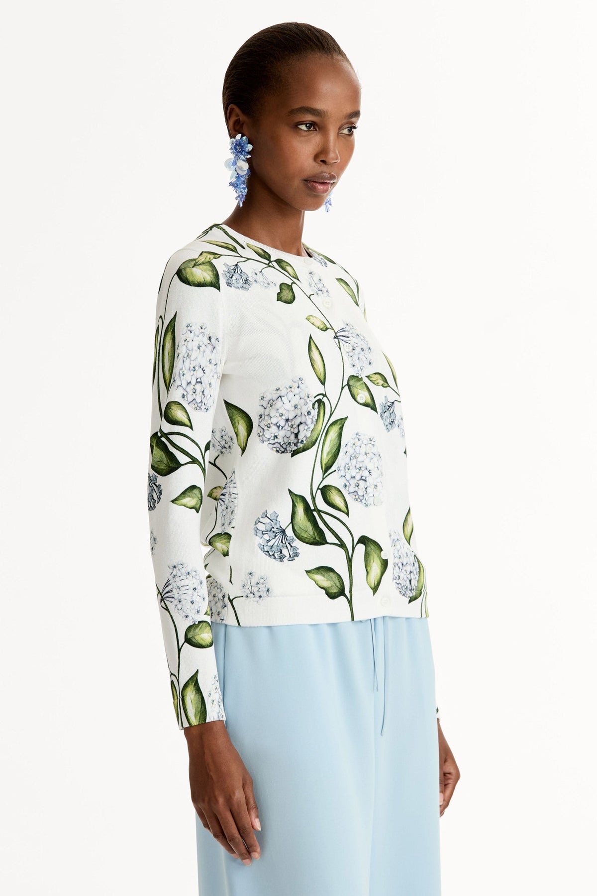 Botanical Print Ribbed Cardigan