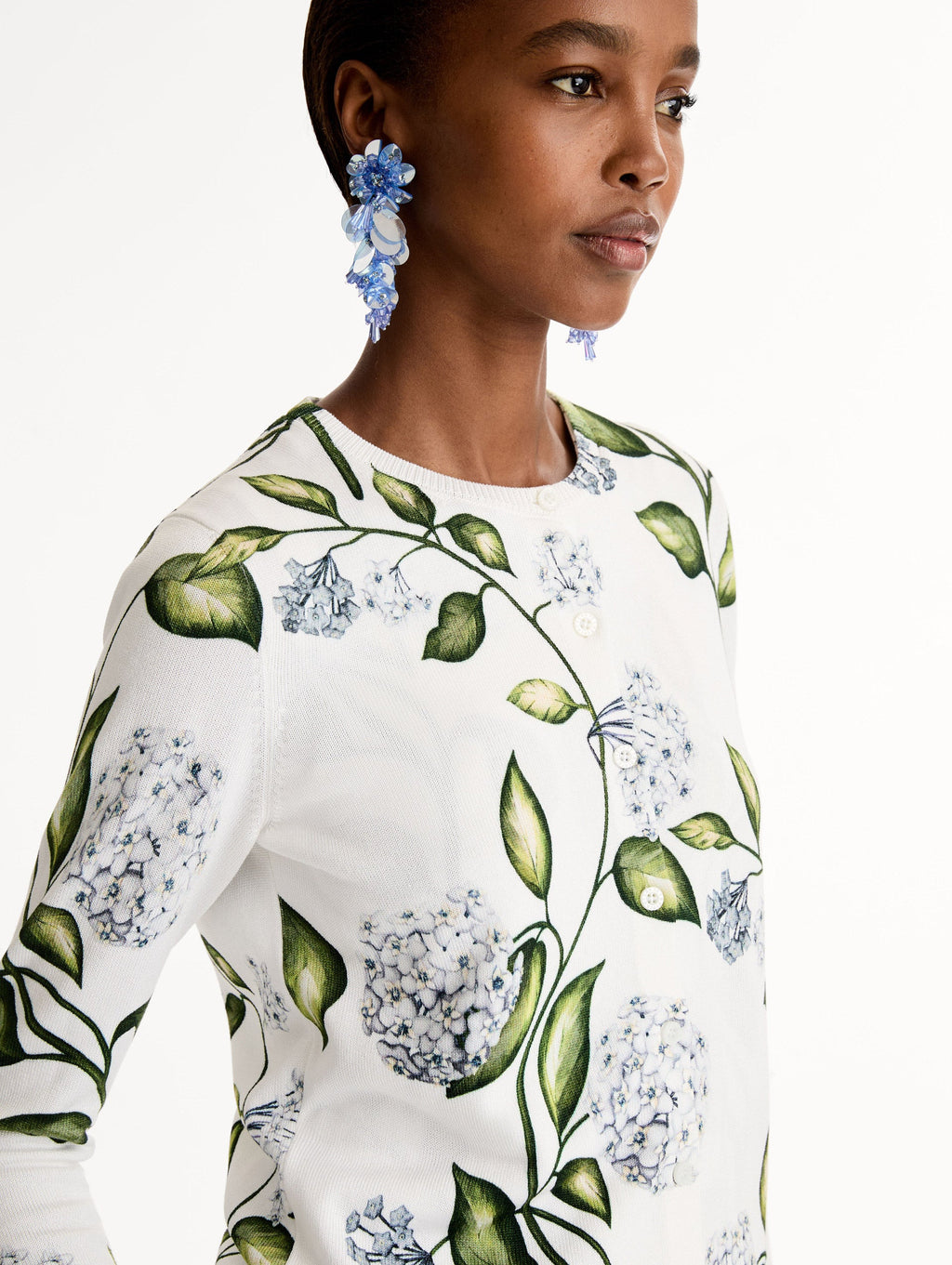 Botanical Print Ribbed Cardigan