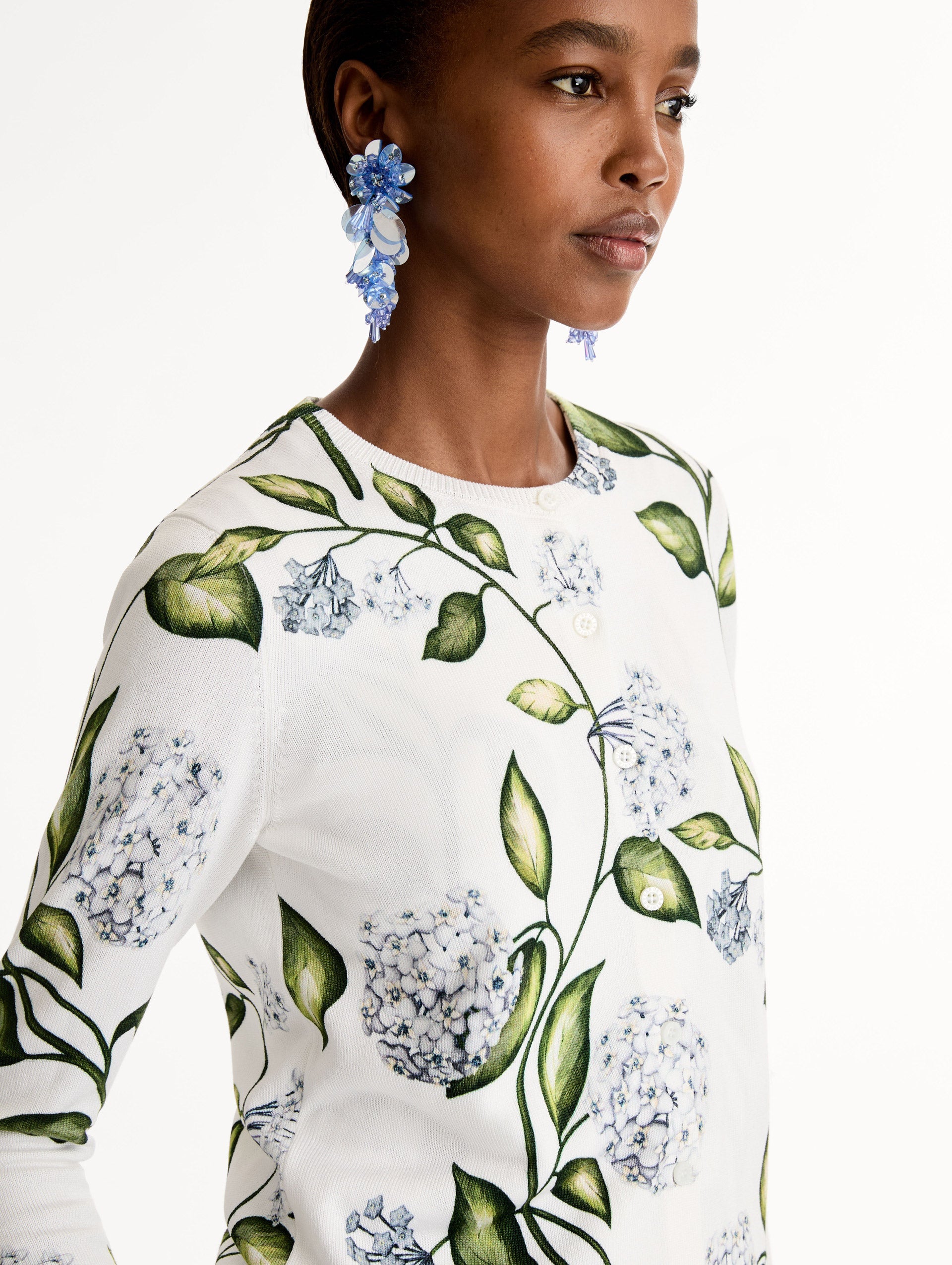 Botanical Print Ribbed Cardigan