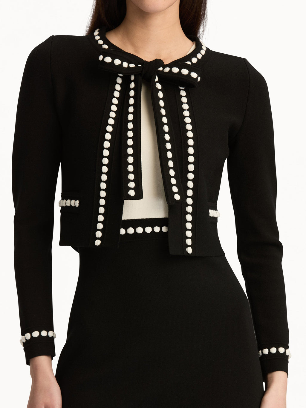 Black Beaded Bow Front Crop Cardigan