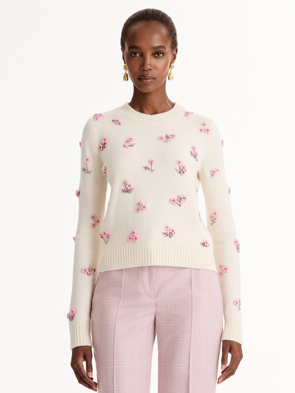 Cream Floral Jacquard Crewneck Sweater