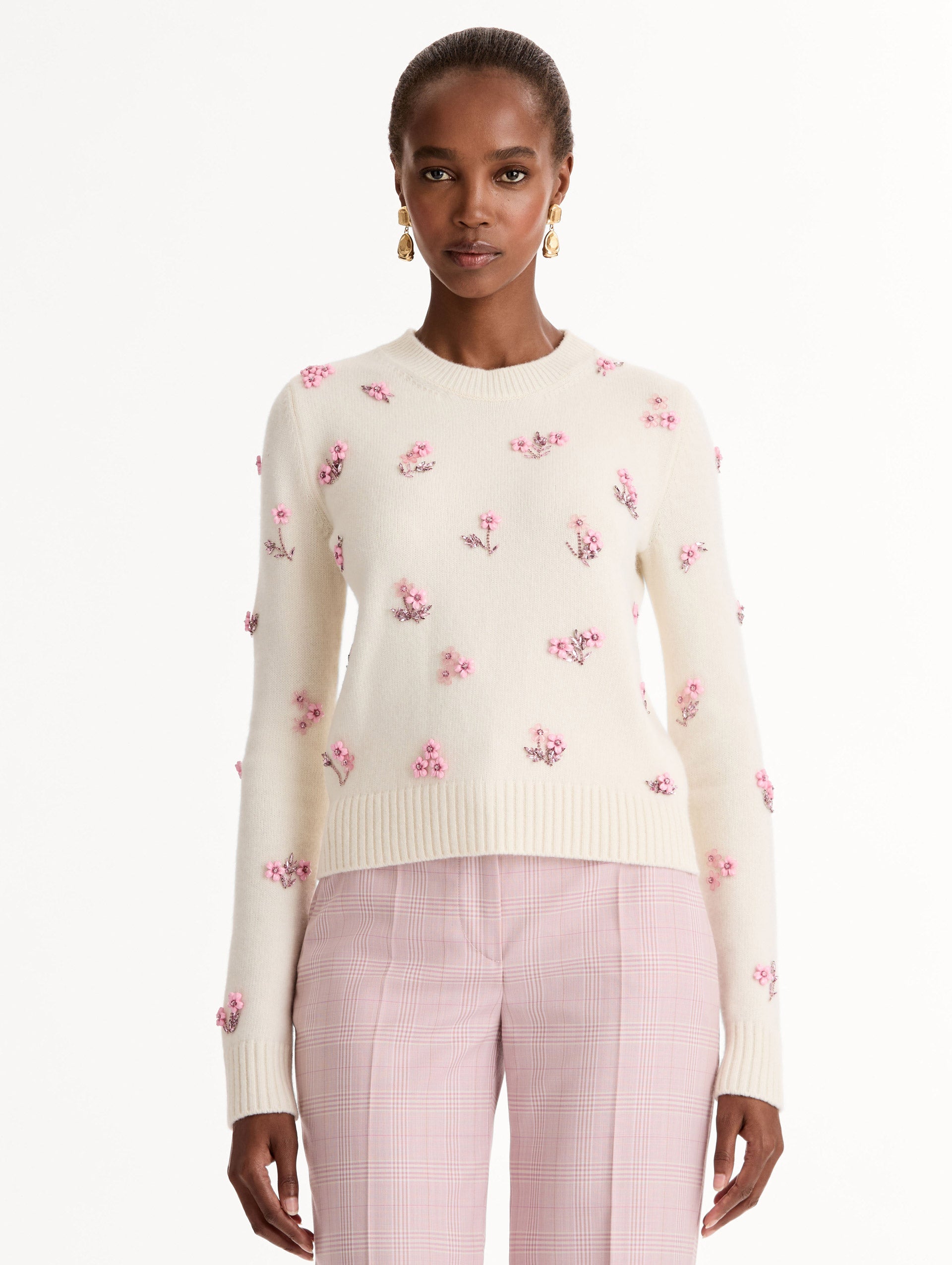 Cream Floral Jacquard Crewneck Sweater