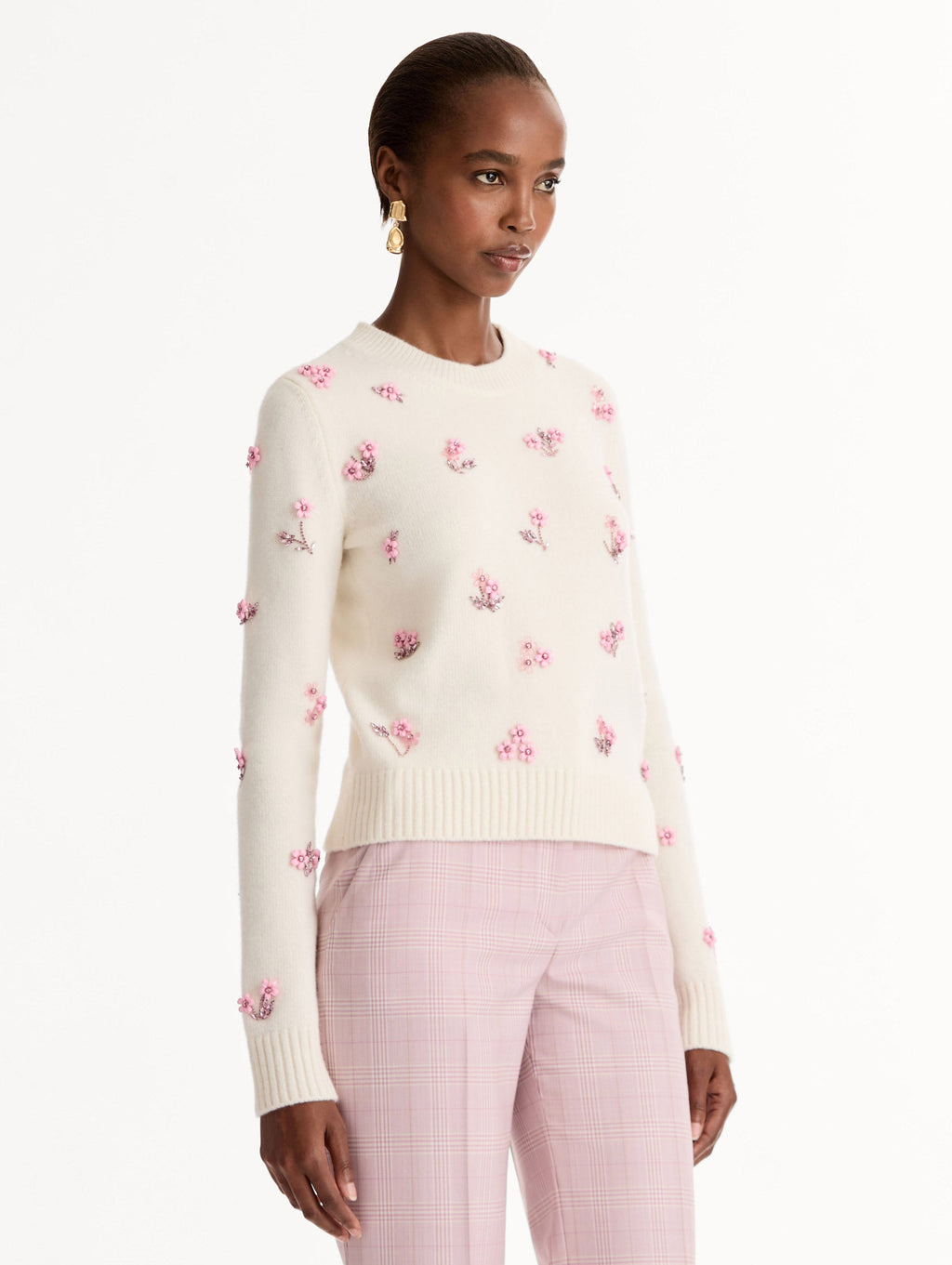 Cream Floral Jacquard Crewneck Sweater