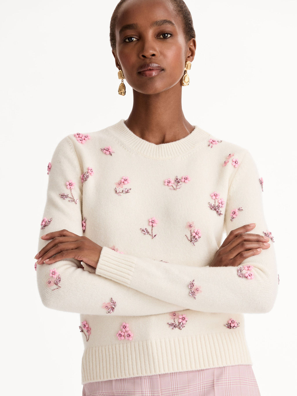 Cream Floral Jacquard Crewneck Sweater