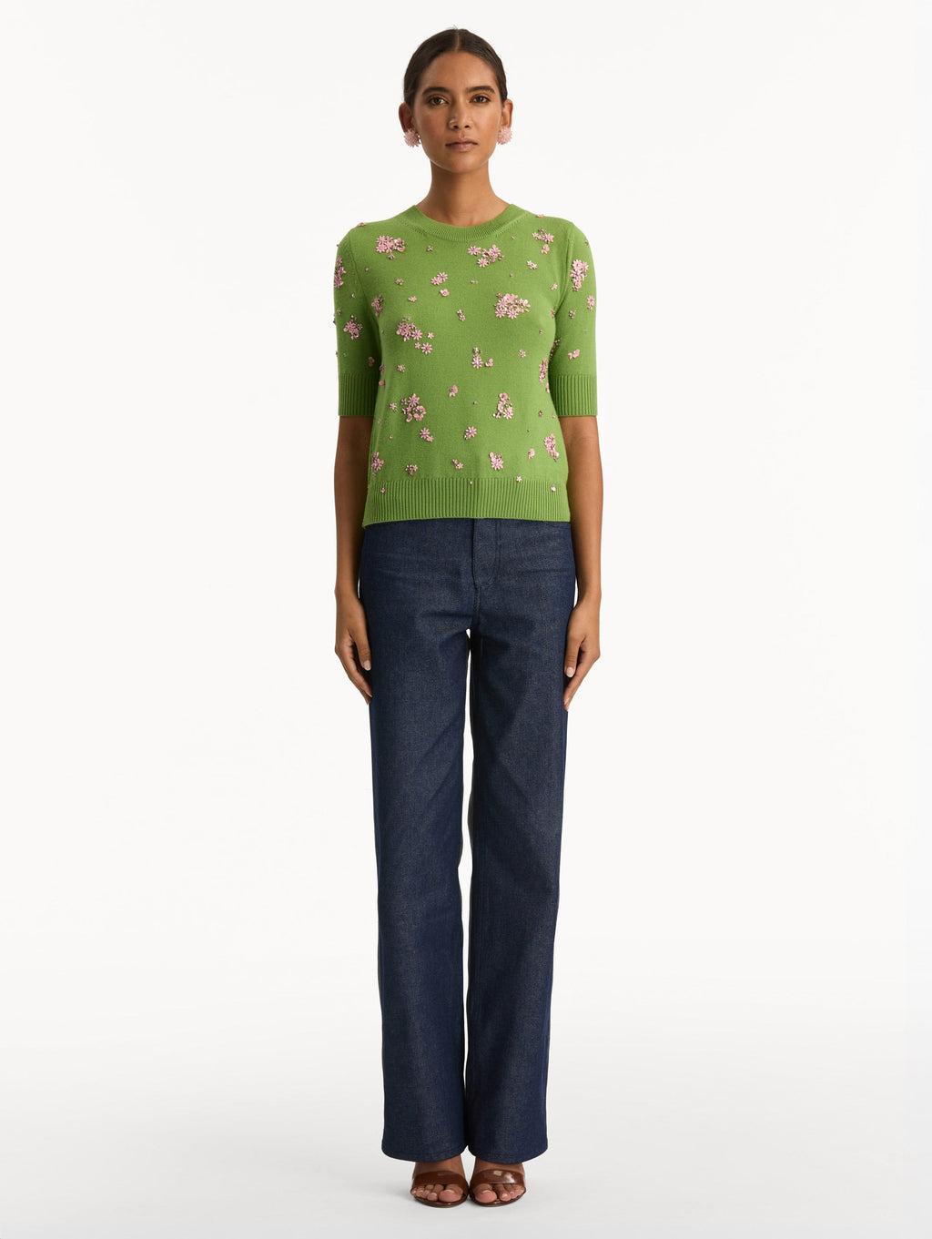 Green Embroidered Flower Sweater