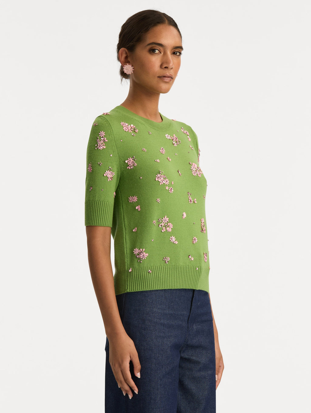 Green Embroidered Flower Sweater