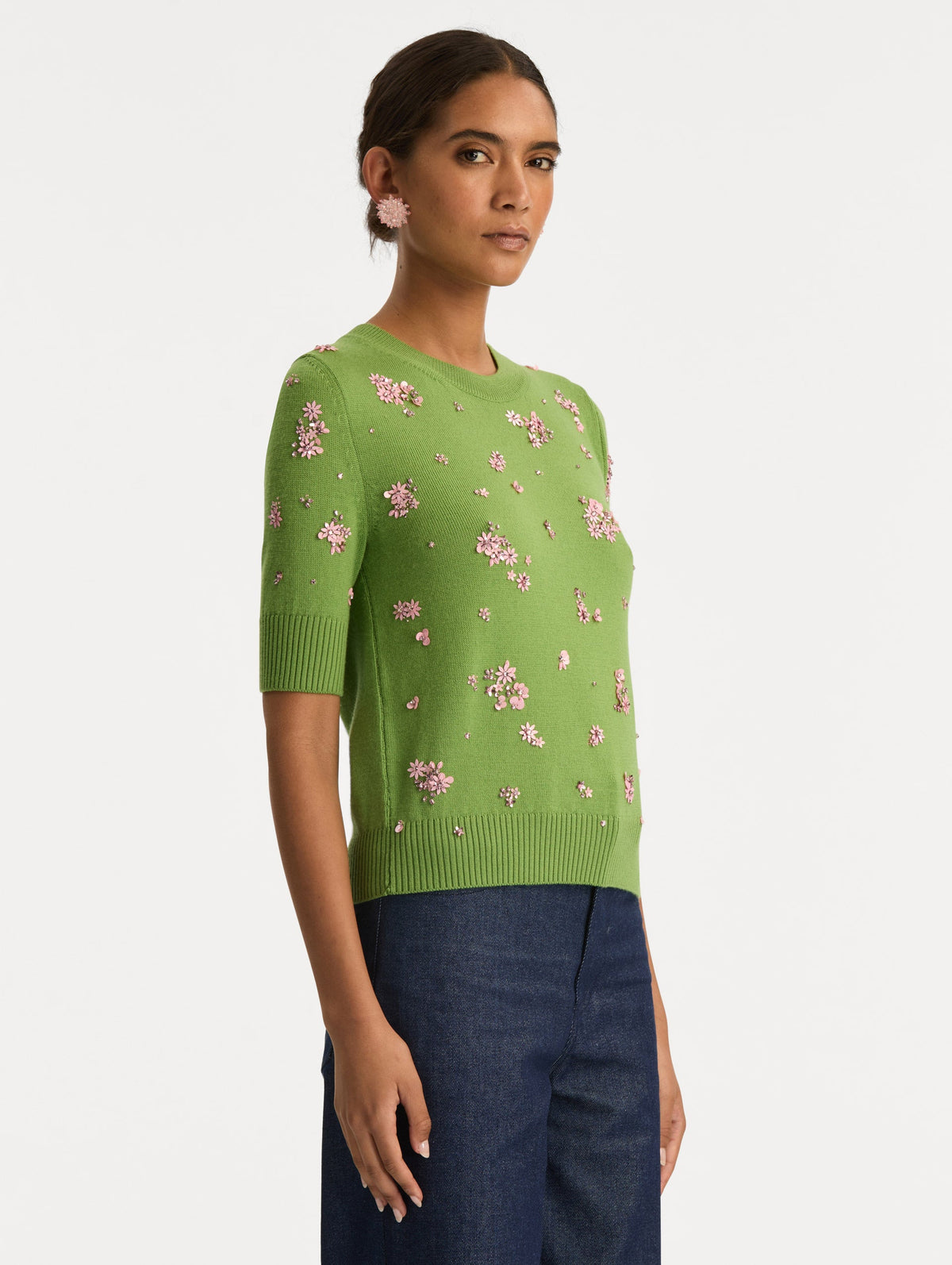 Green Embroidered Flower Sweater
