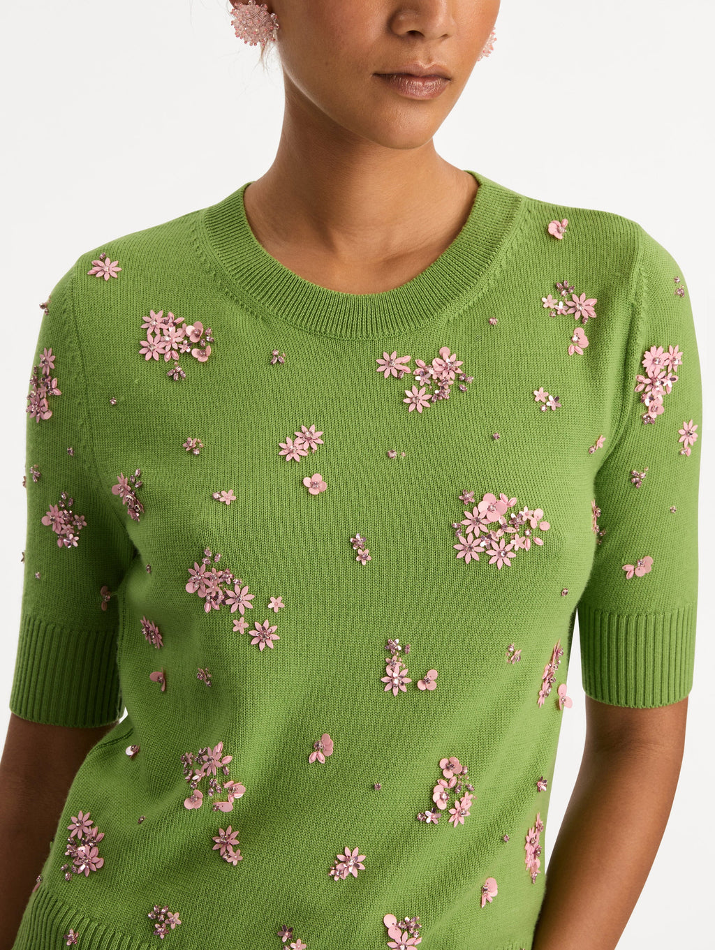 Green Embroidered Flower Sweater