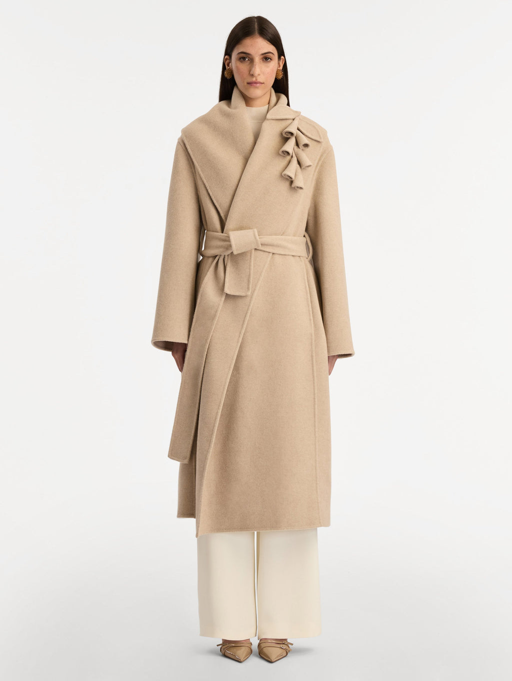 Beige Belted Wool Wrap Jacket