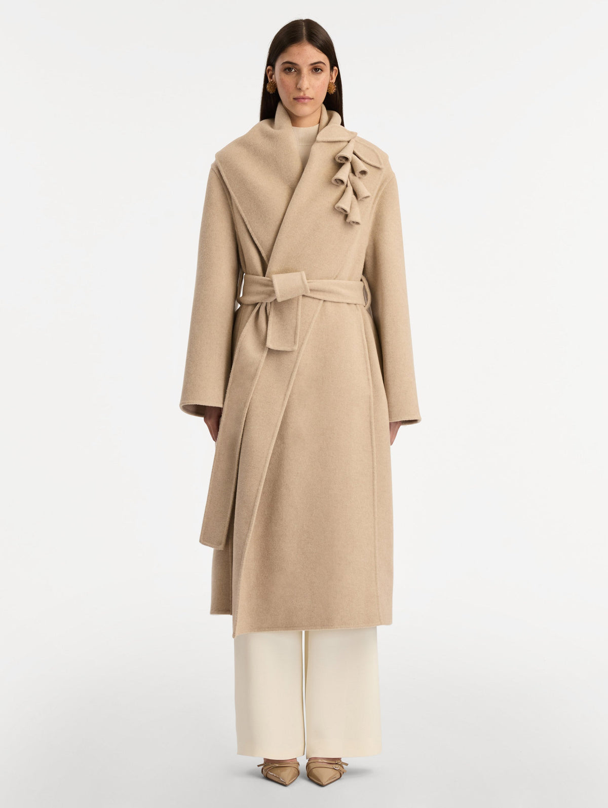 Beige Belted Wool Wrap Jacket
