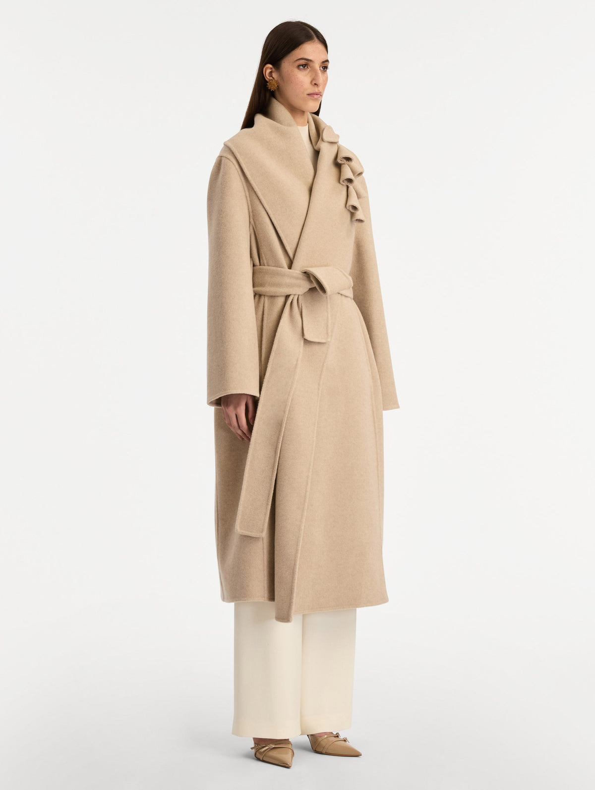 Beige Belted Wool Wrap Jacket