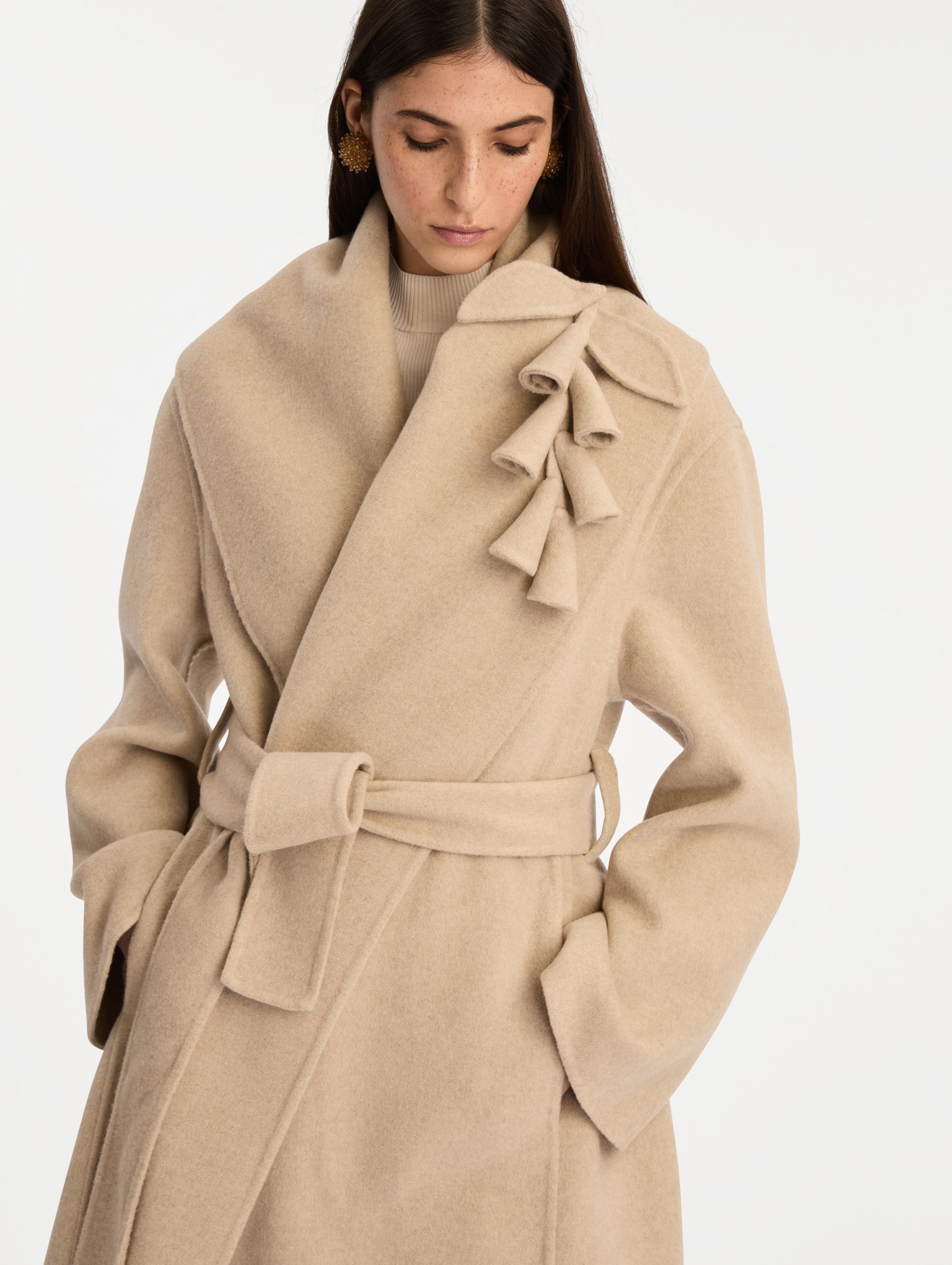 Beige Belted Wool Wrap Jacket