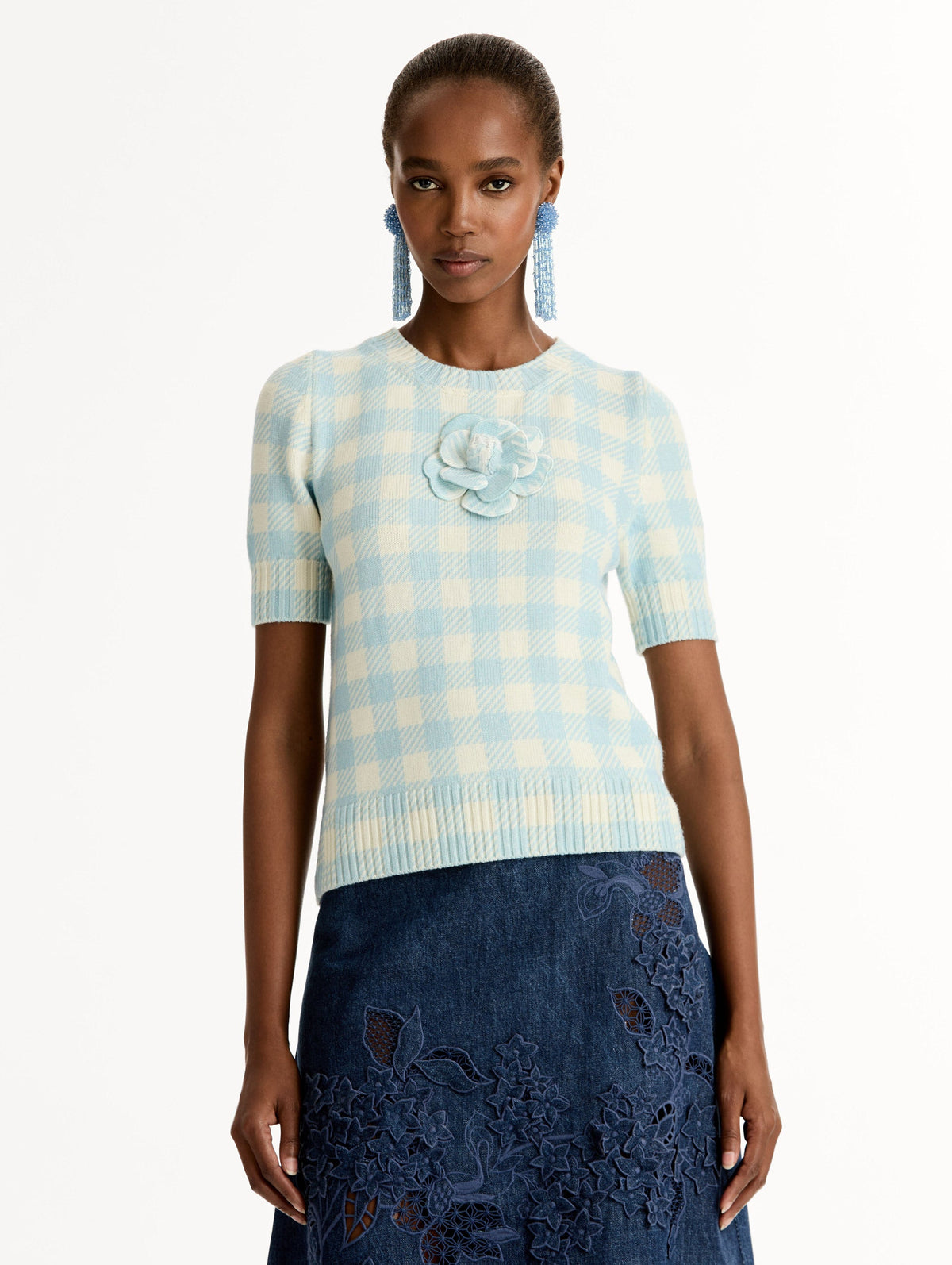Short Sleeve Gingham Sweater‌