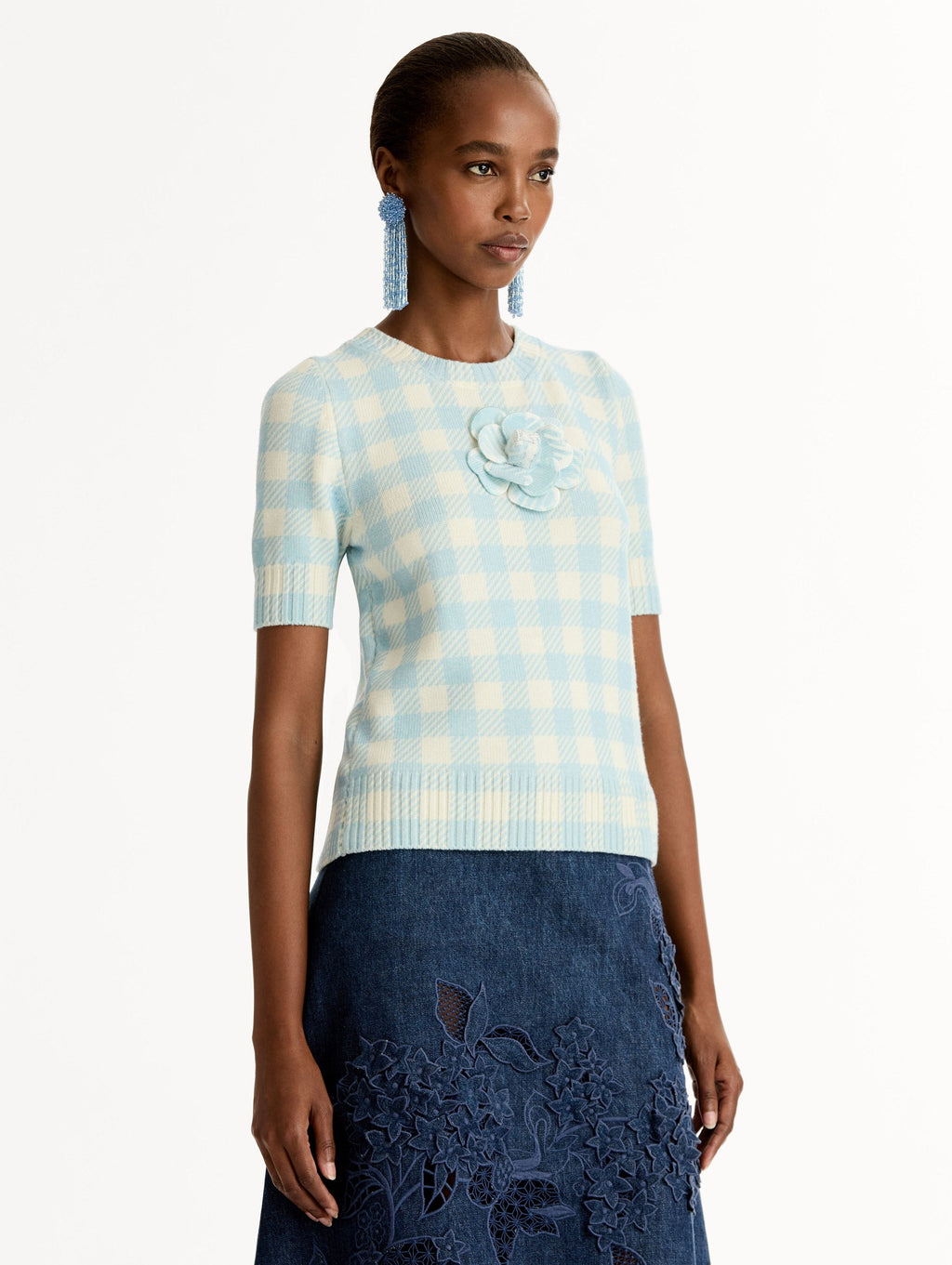 Short Sleeve Gingham Sweater‌