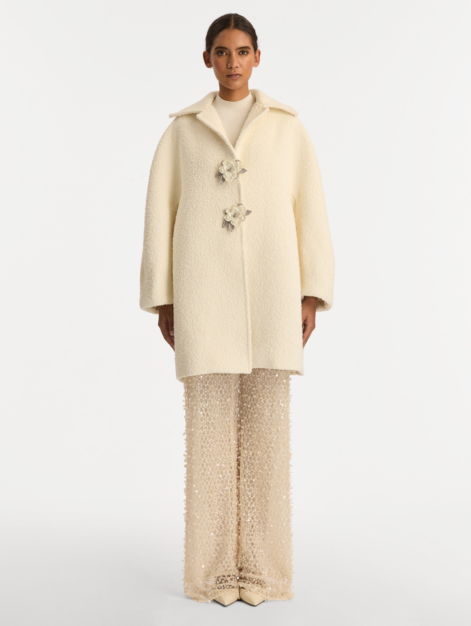Floral Button Longline Bouclé Coat