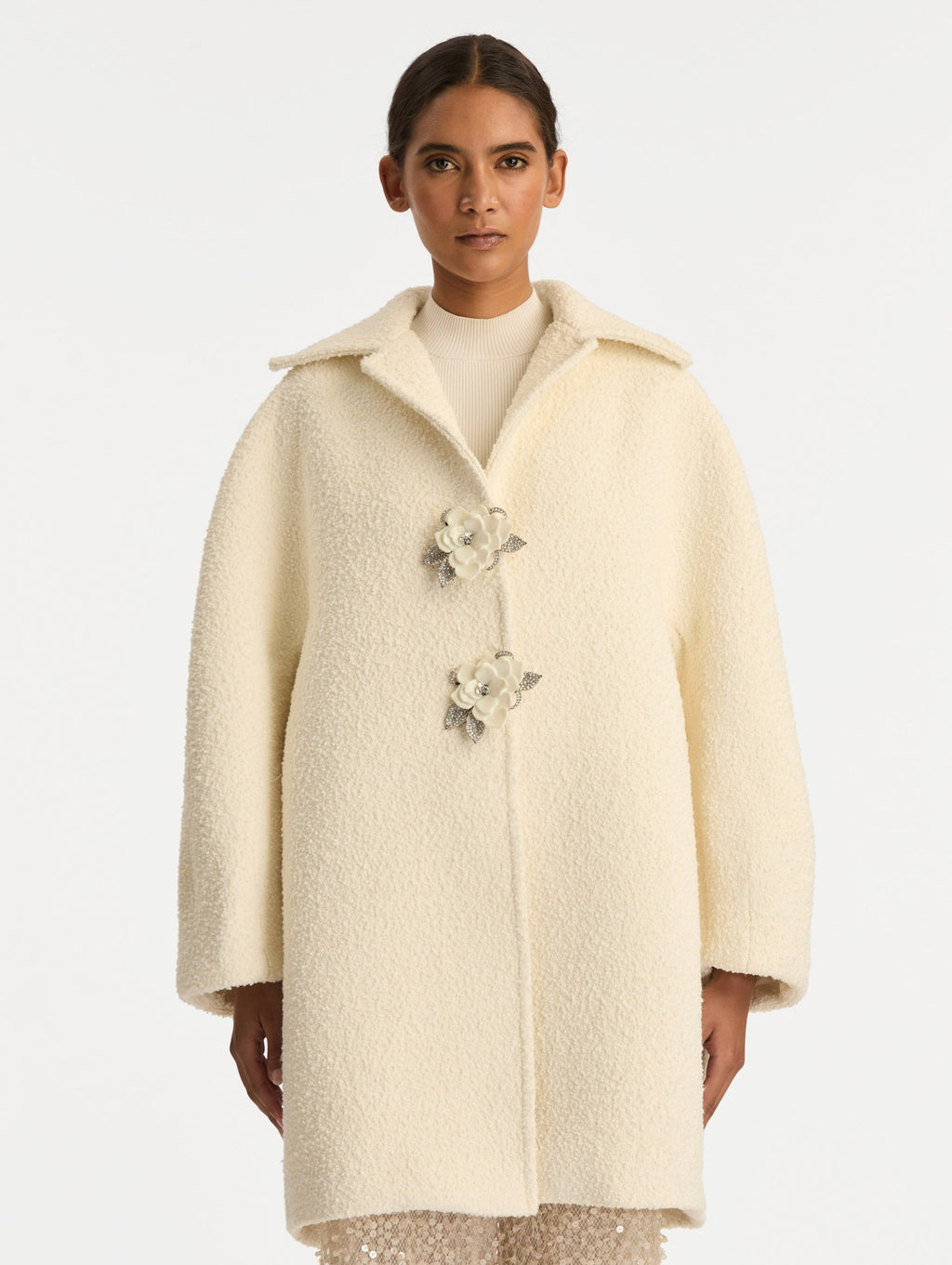 Floral Button Longline Bouclé Coat
