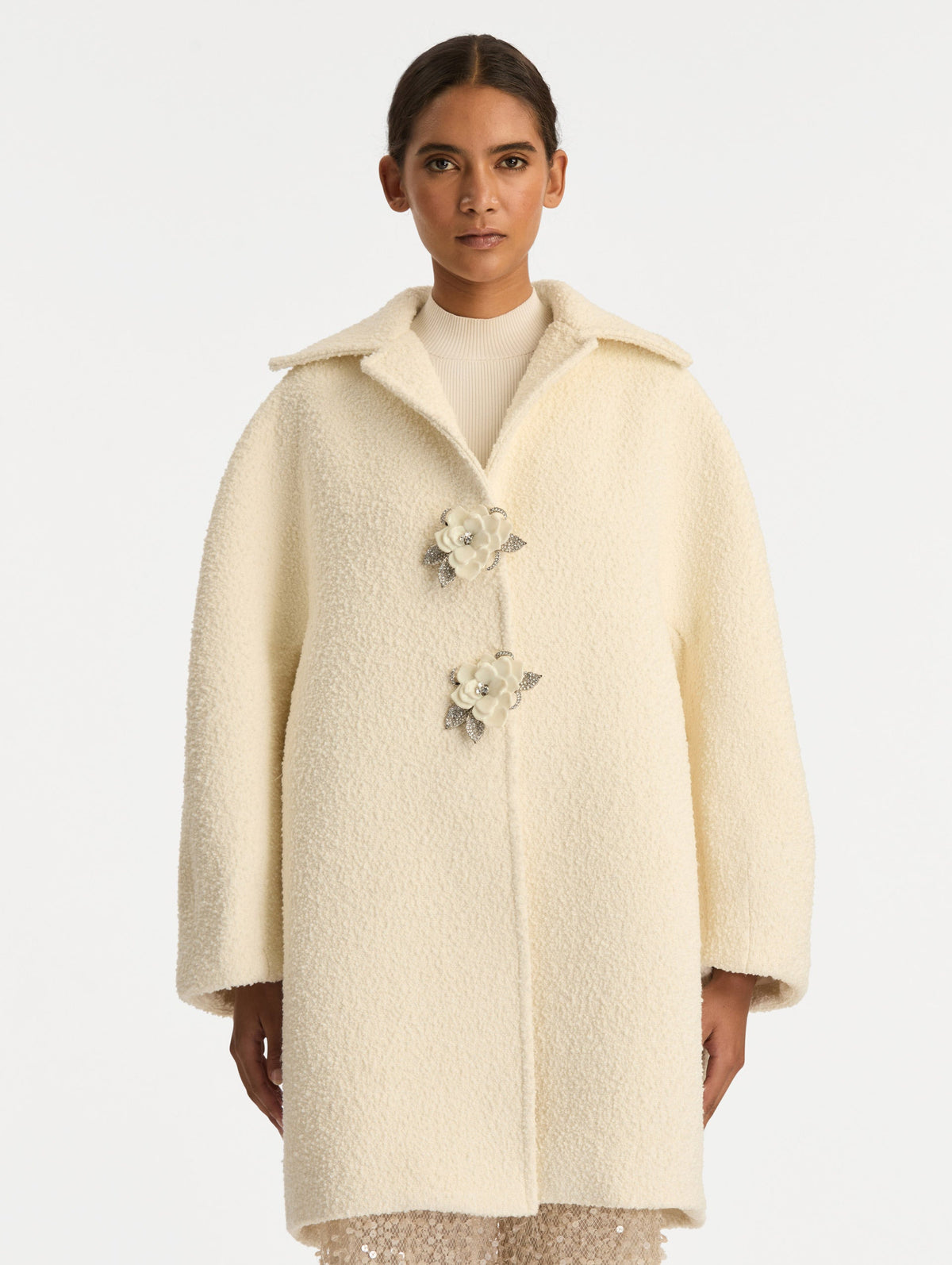 Floral Button Longline Bouclé Coat