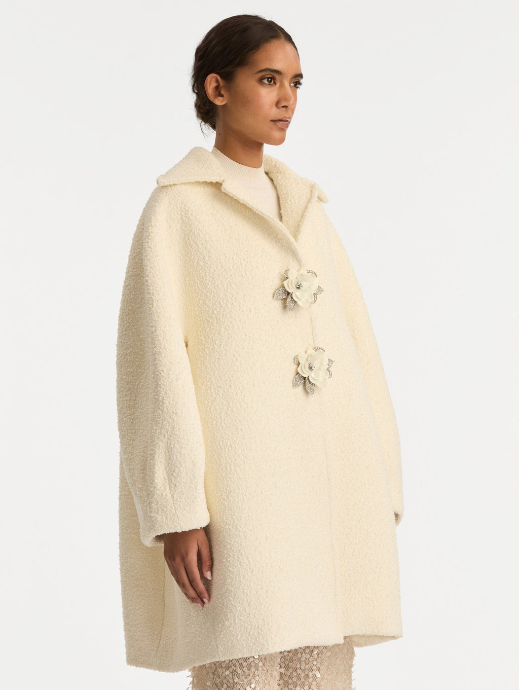Floral Button Longline Bouclé Coat