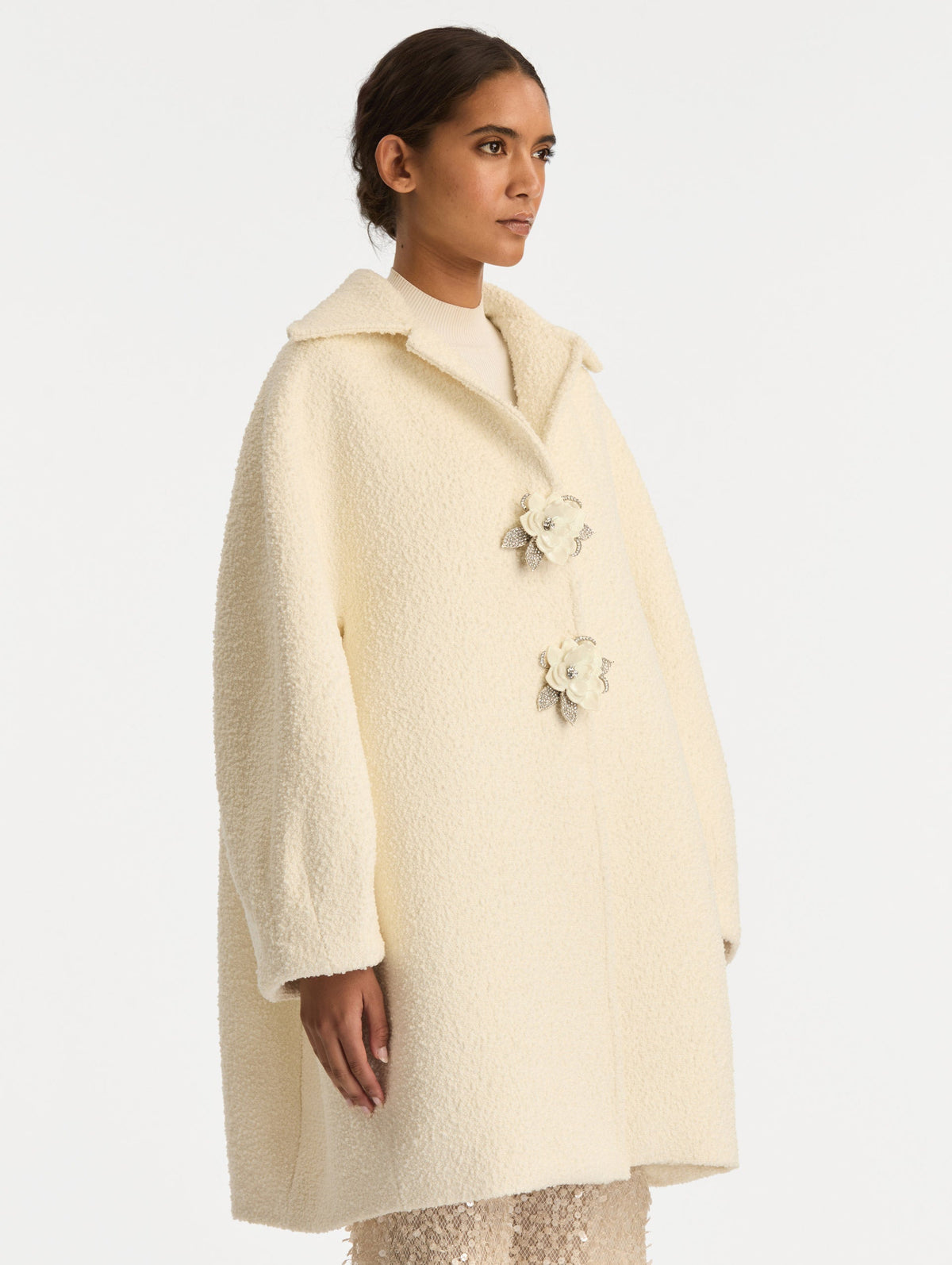 Floral Button Longline Bouclé Coat
