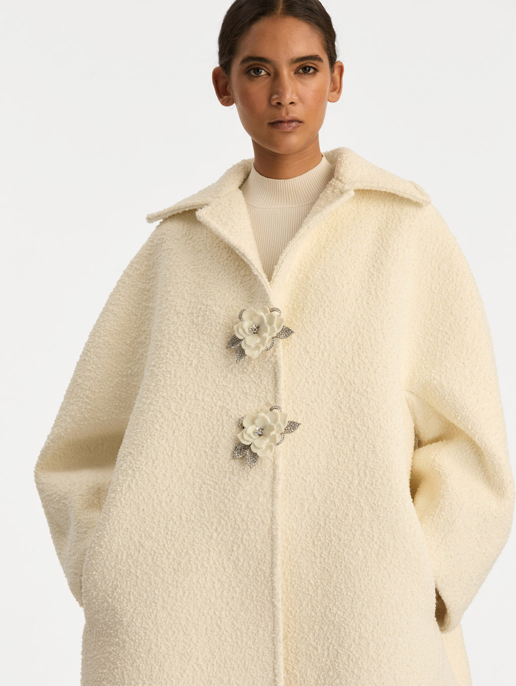 Floral Button Longline Bouclé Coat