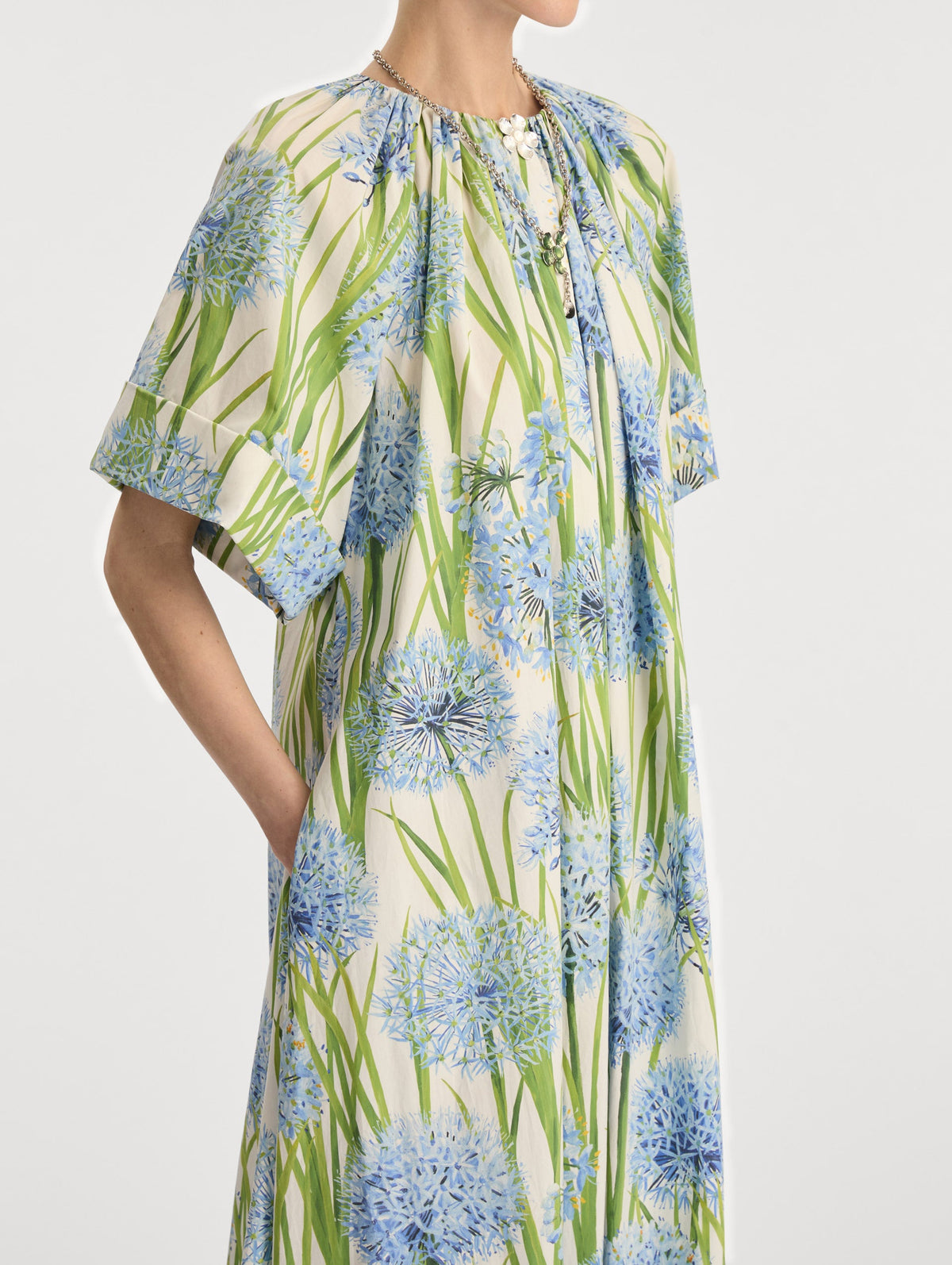 Creamy Blue Floral Floor-Length Dress