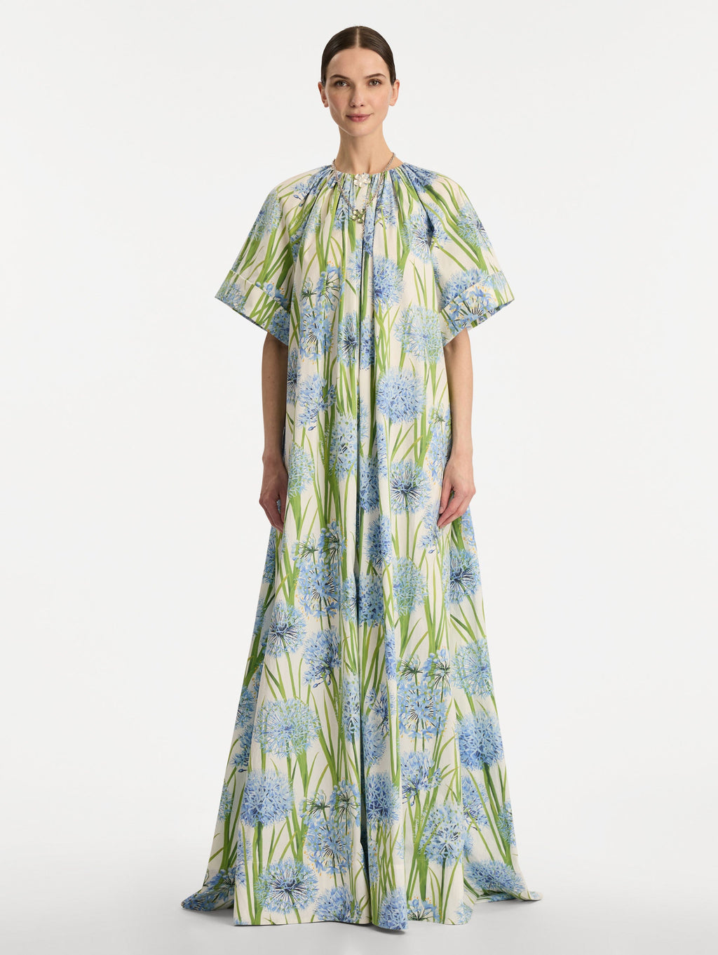 Creamy Blue Floral Floor-Length Dress