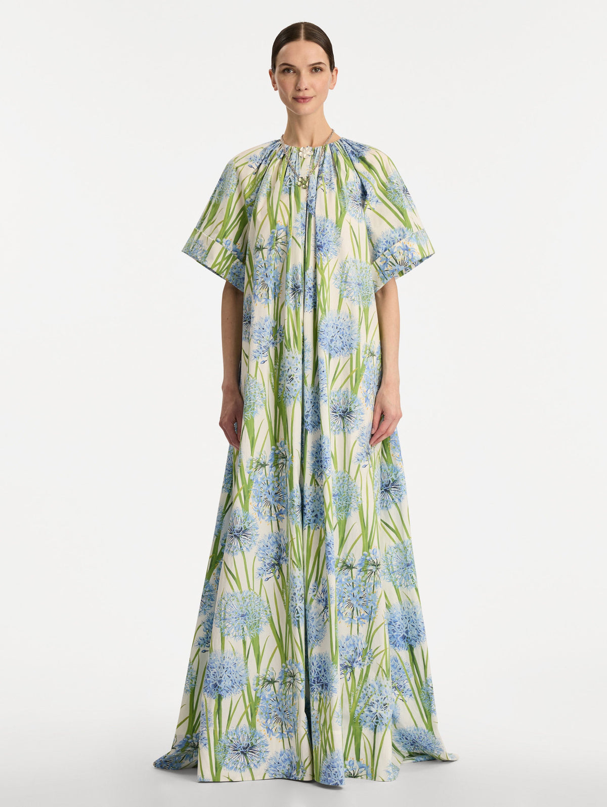 Creamy Blue Floral Floor-Length Dress