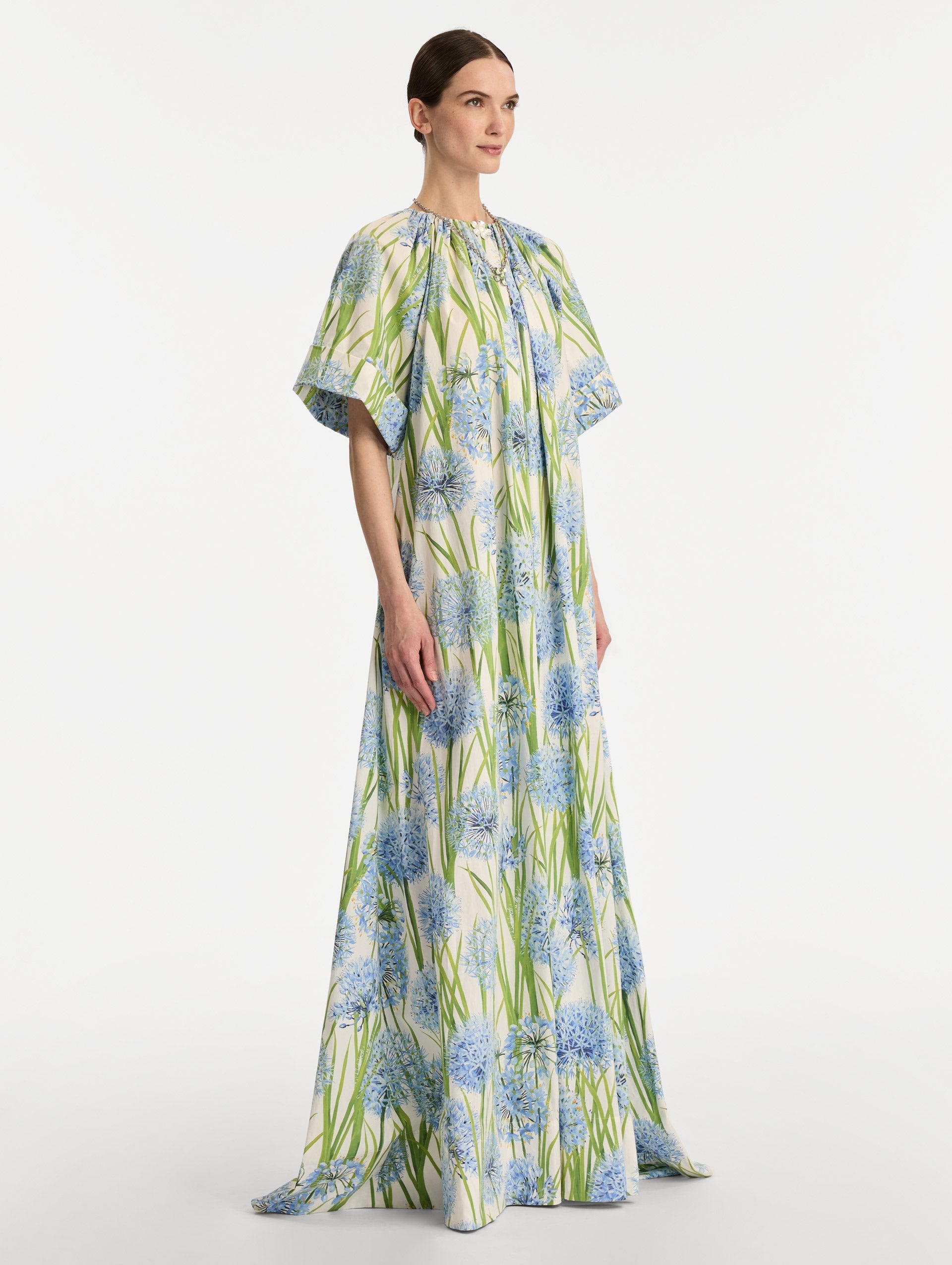 Creamy Blue Floral Floor-Length Dress