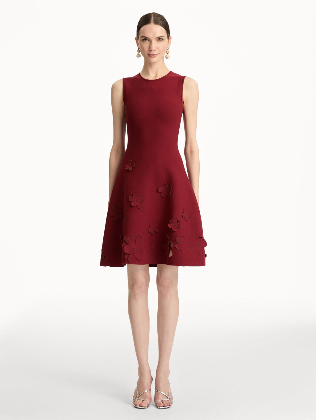 Burgundy Embroidered Sleeveless A-Line Dress