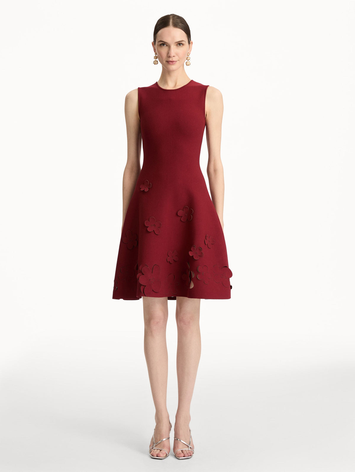 Burgundy Embroidered Sleeveless A-Line Dress