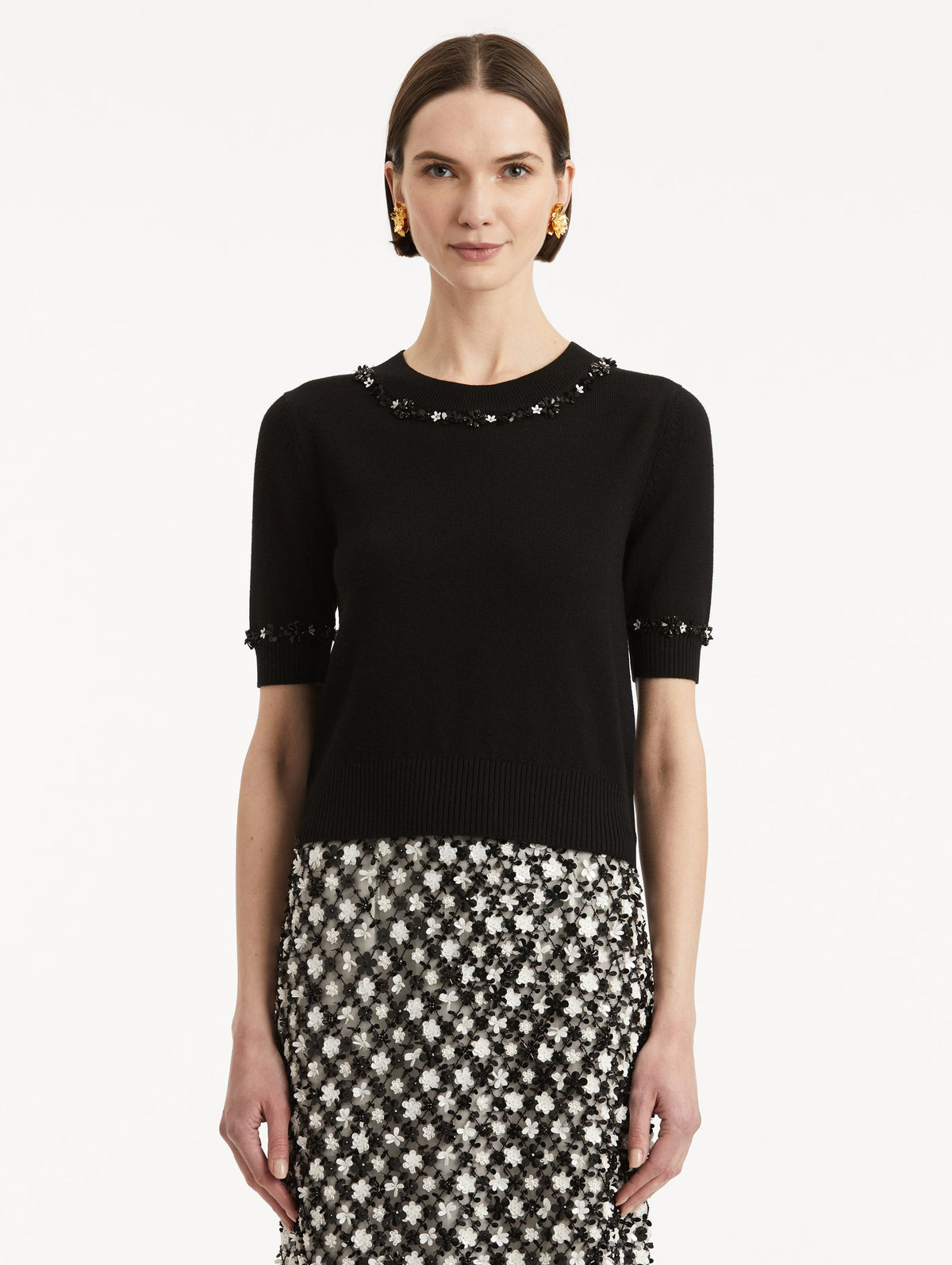 ‌Black Embellished Ribbed Sweater