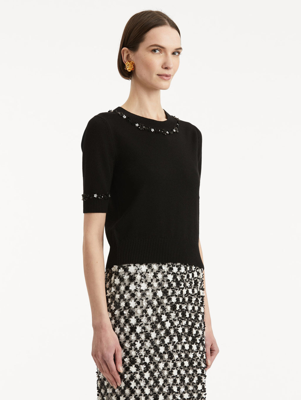 ‌Black Embellished Ribbed Sweater