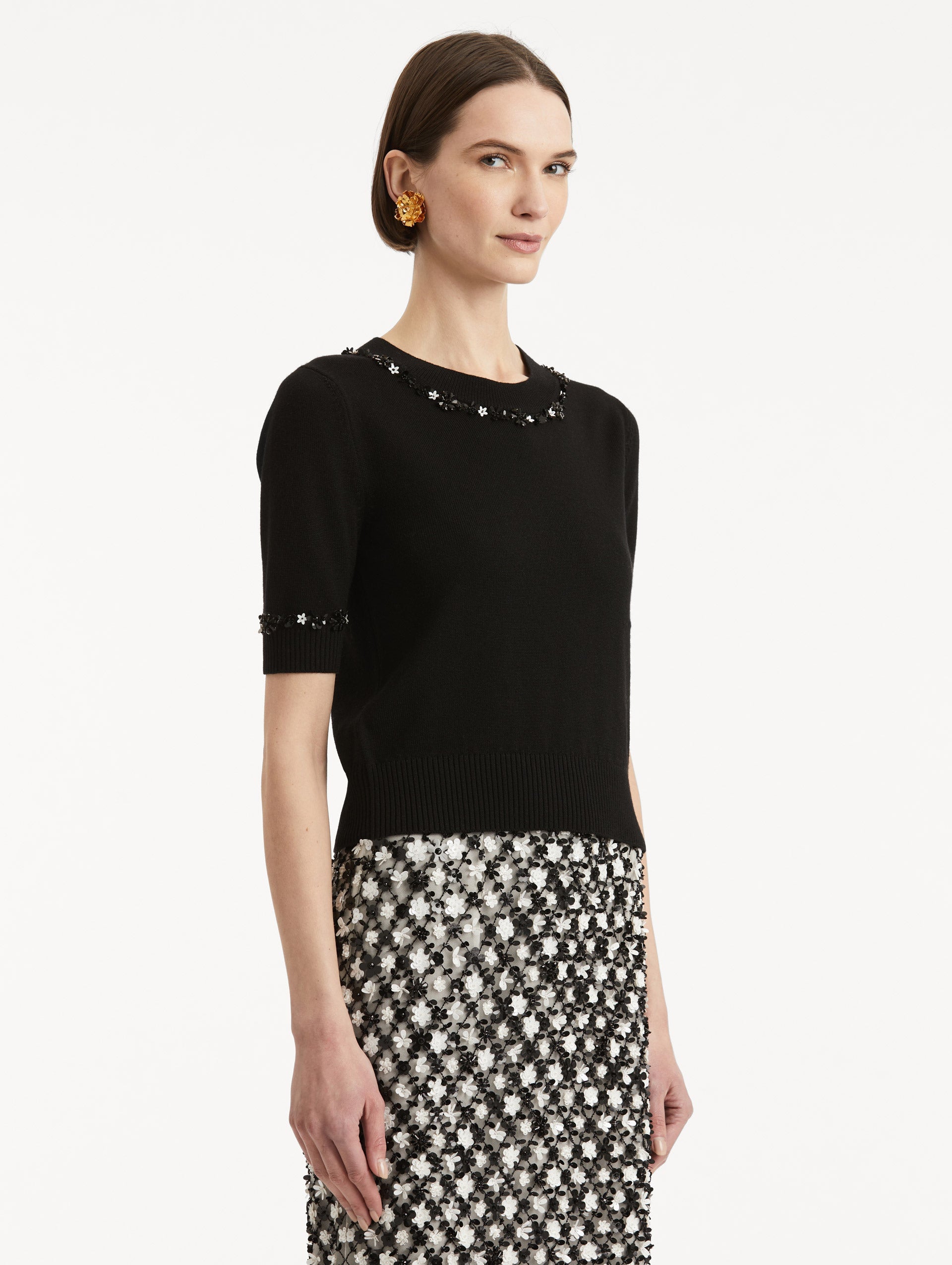 ‌Black Embellished Ribbed Sweater