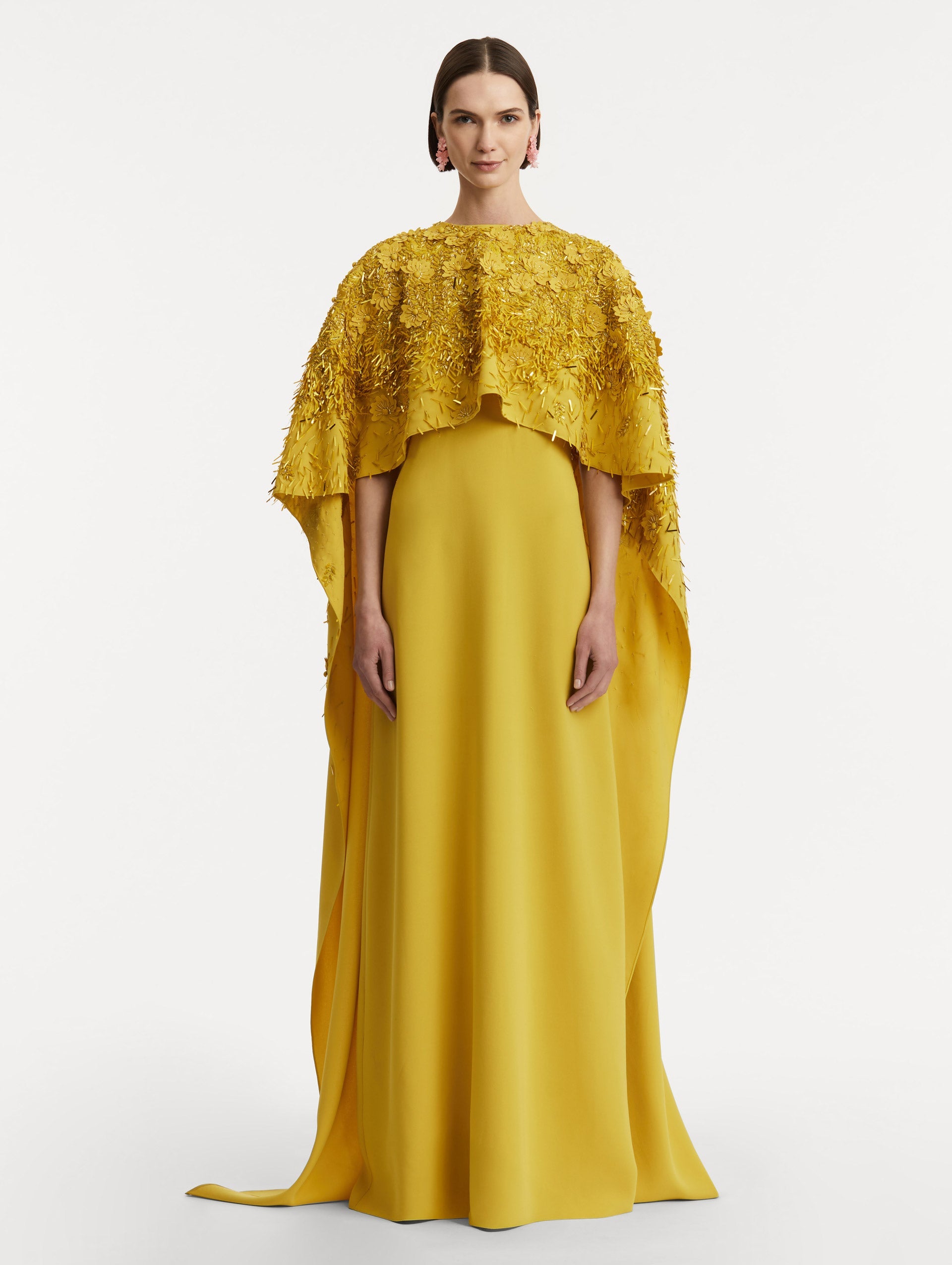 ‌Mustard Embroidered Column Gown