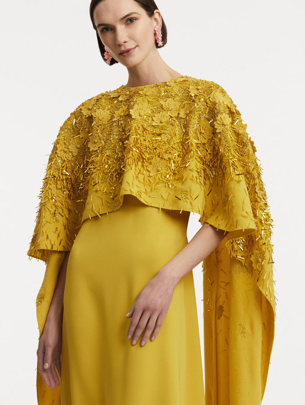‌Mustard Embroidered Column Gown