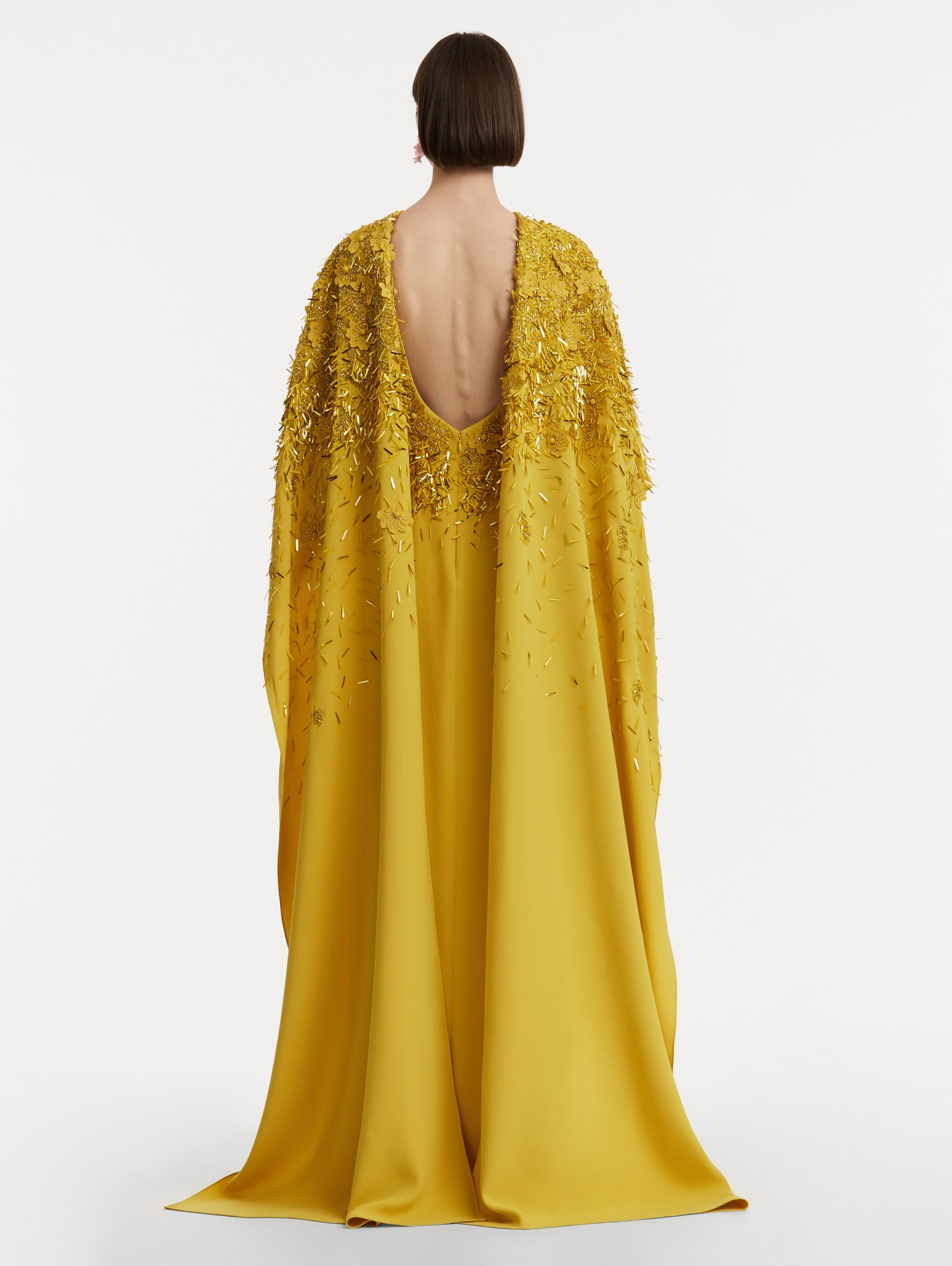 ‌Mustard Embroidered Column Gown