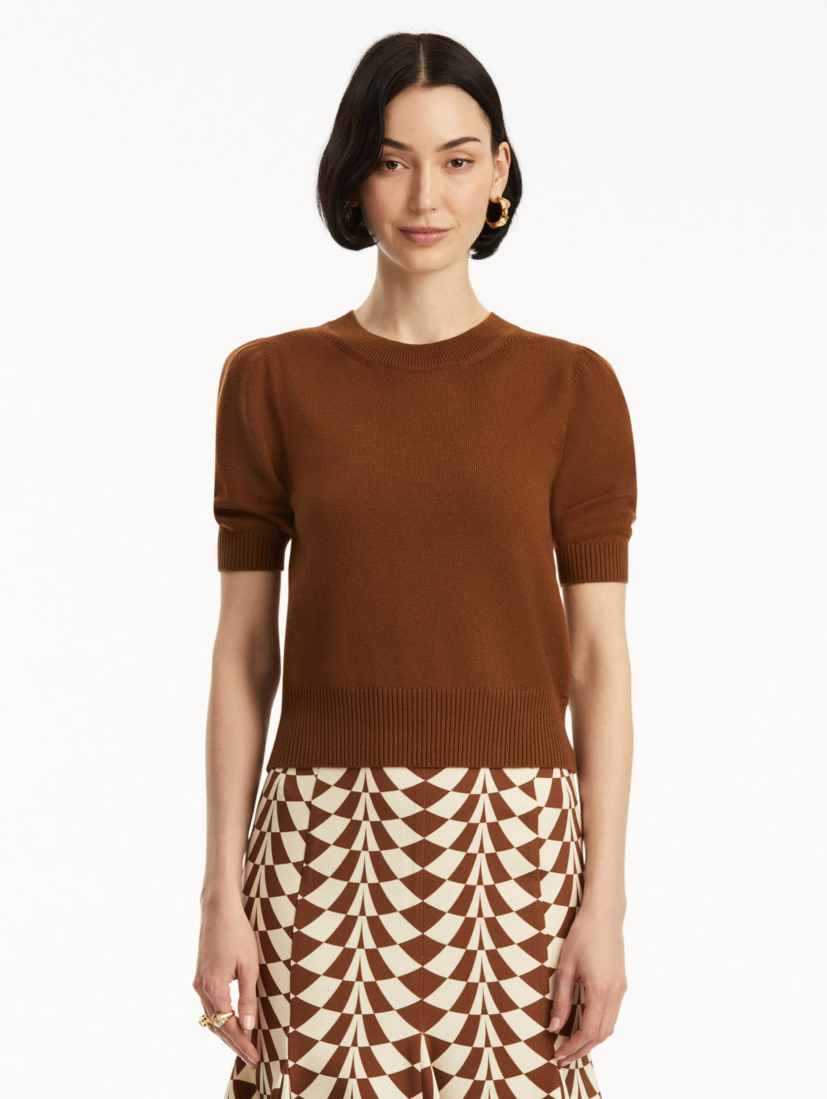 Short Sleeve Brown Ribbed Sweater