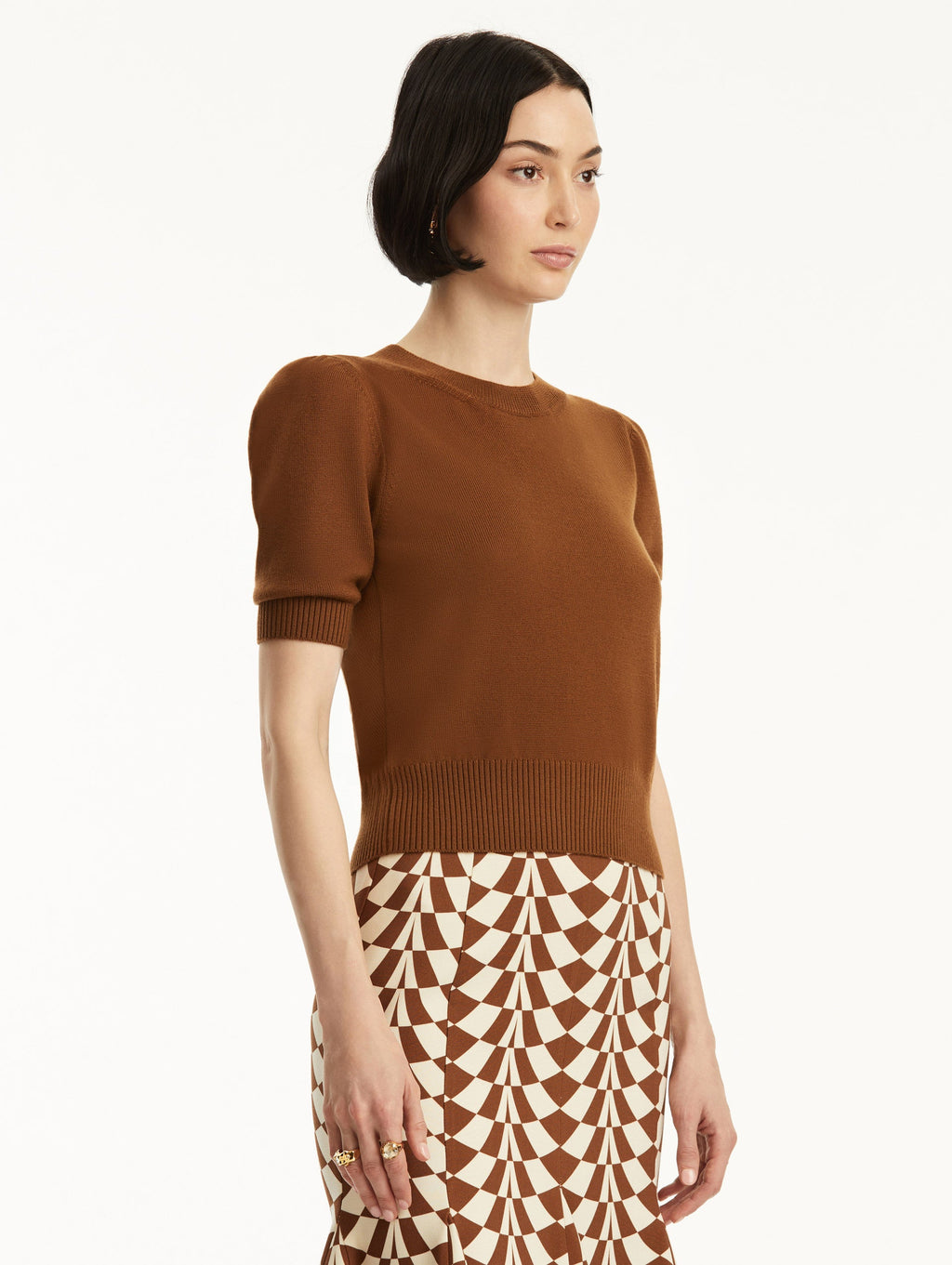 Short Sleeve Brown Ribbed Sweater