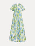 Creamy Blue Floral Floor-Length Dress