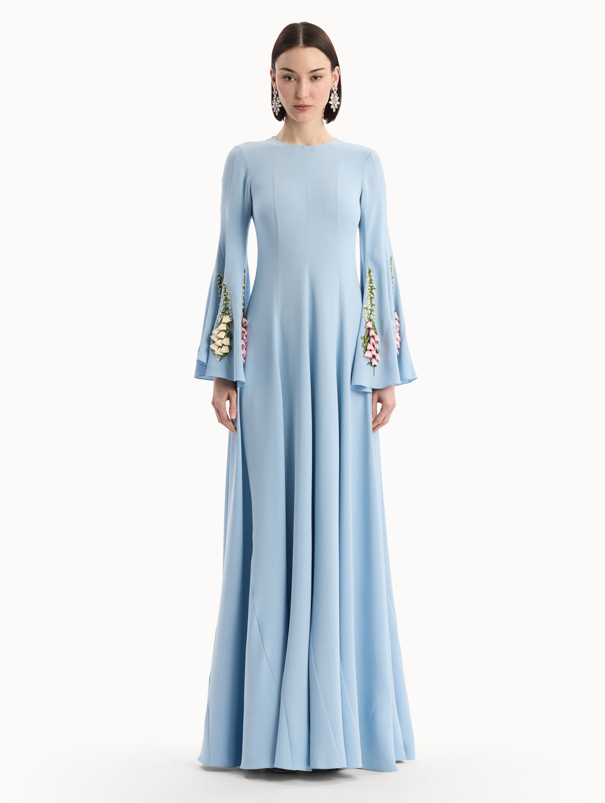 Blue Embroidered Bell-Sleeve Gown