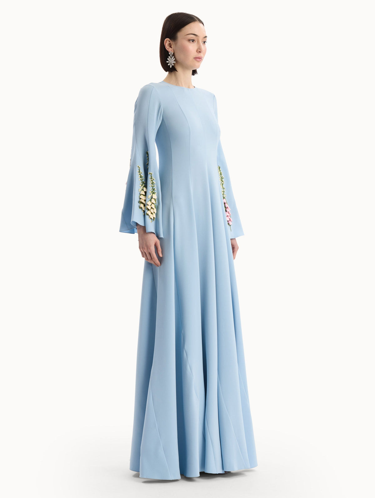 Blue Embroidered Bell-Sleeve Gown