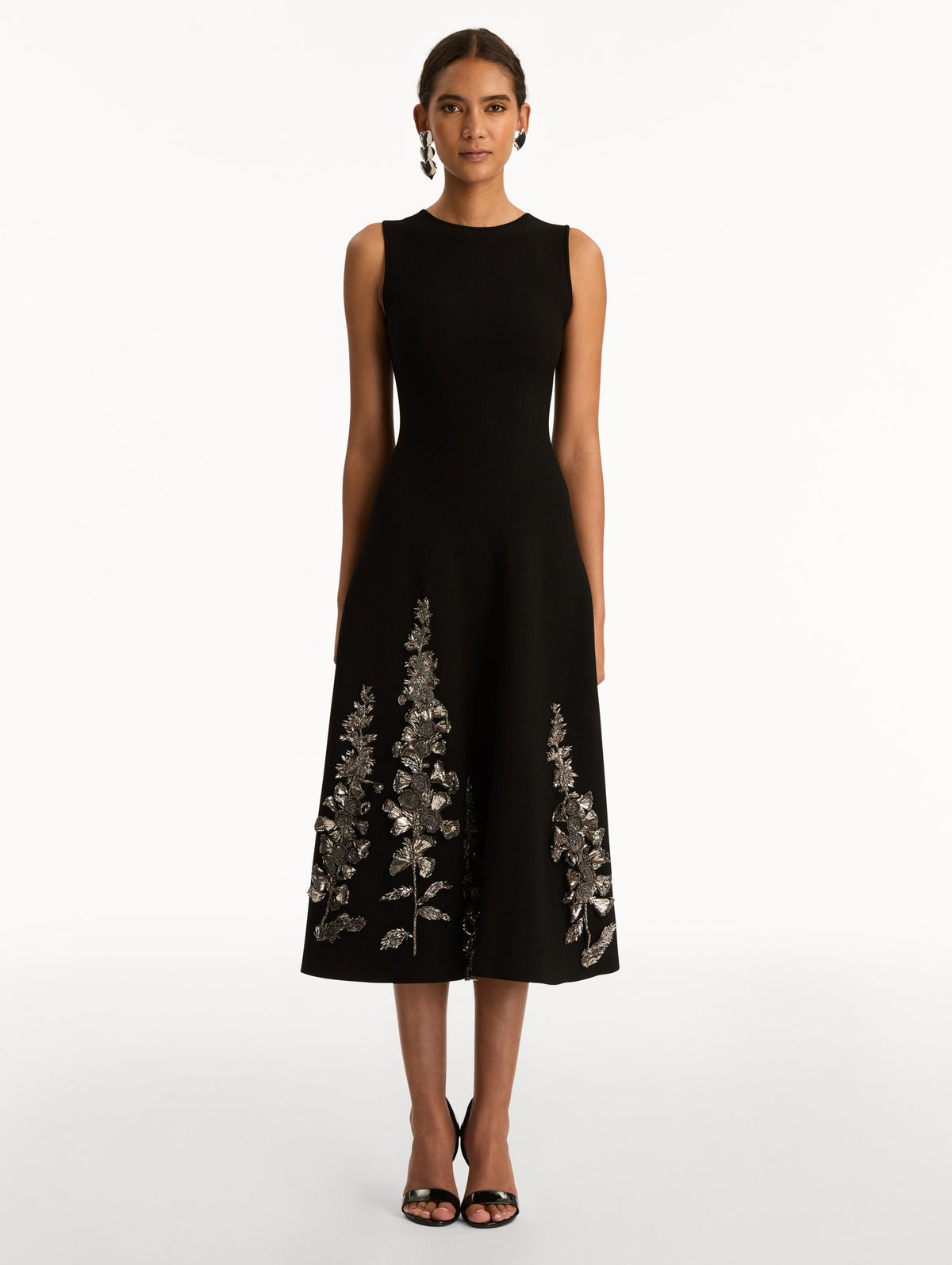 Sleeveless Black Embroidered A-Line Dress