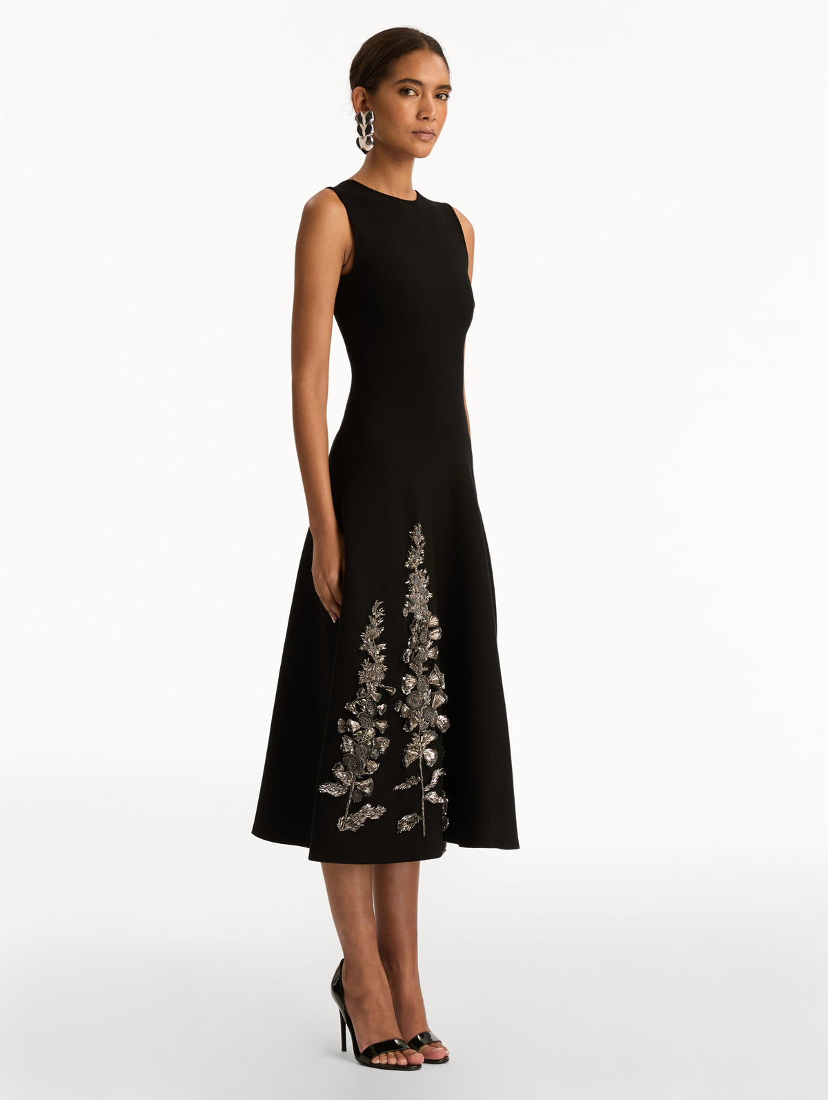 Sleeveless Black Embroidered A-Line Dress