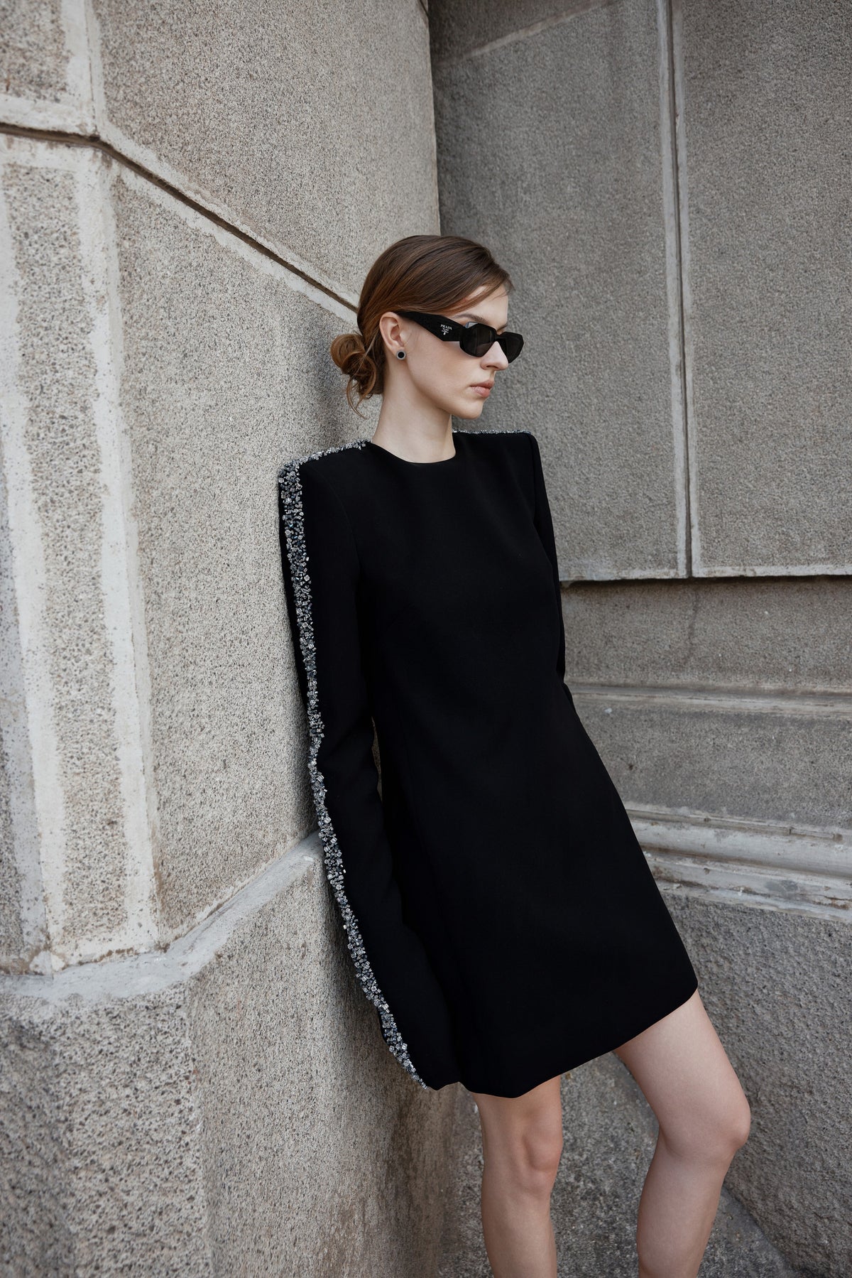 Long Sleeve dress with square padded shoulders and round neckline
