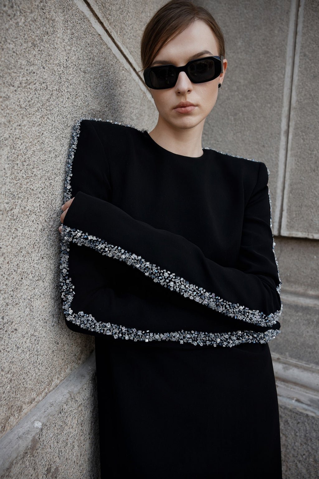 Long Sleeve dress with square padded shoulders and round neckline